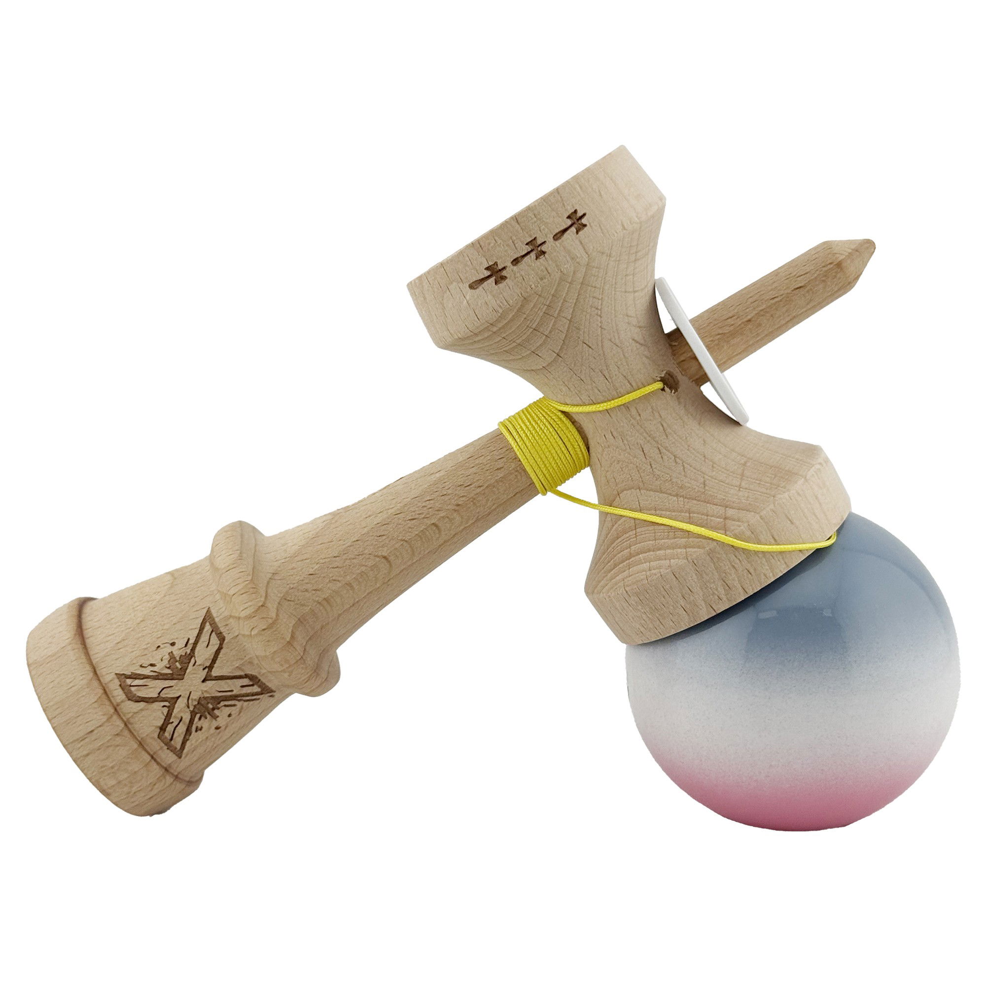 Kendama X Originala, Profesionala, Flippy, Super Sticky cu Cupe Mari KING SIZE V3, Gaura in Baza, Rulment Metalic, din lemn 18 cm, Ata 62/65 cm, Gradient Gri/Alb/Roz [5]