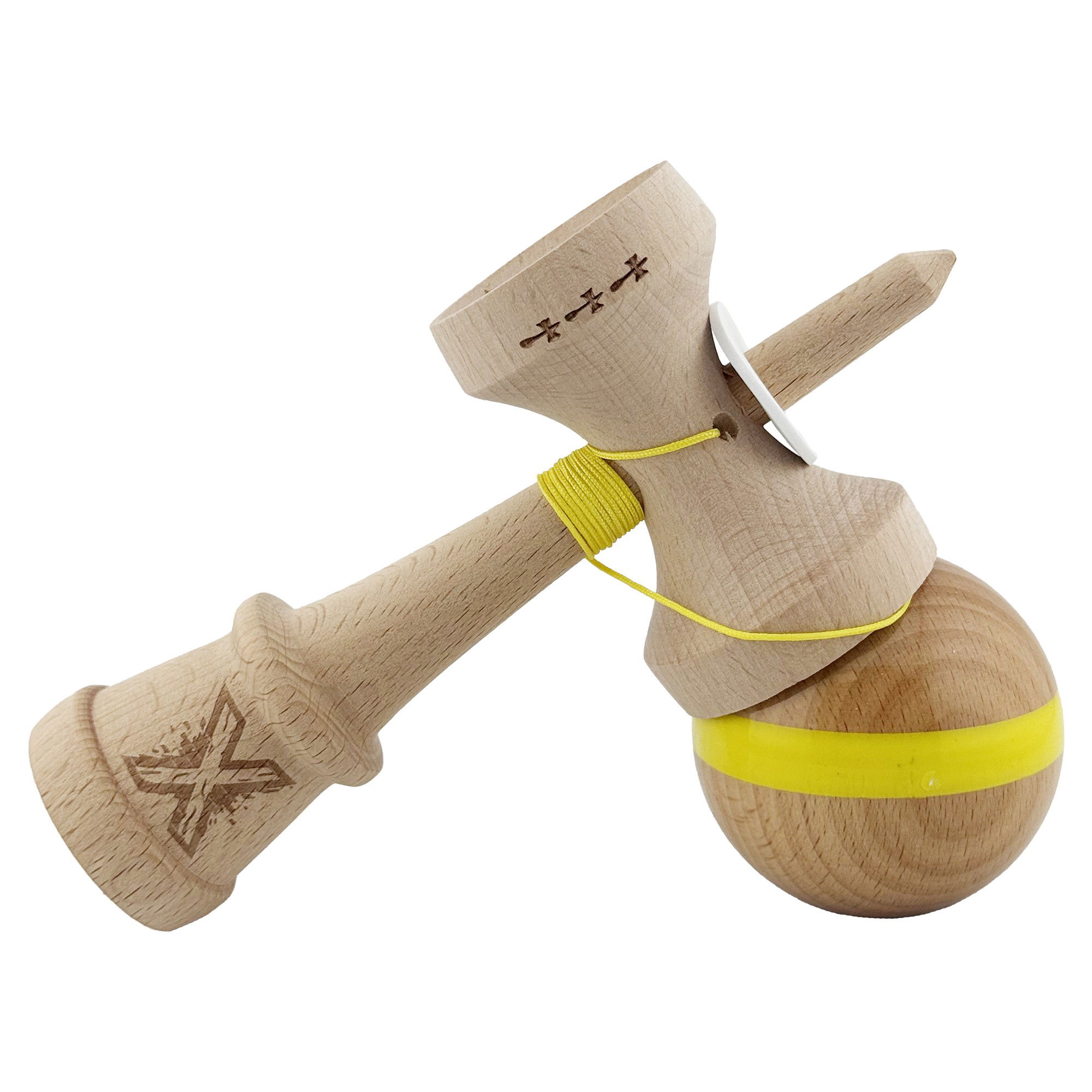 Kendama X Originala, Profesionala, Flippy, Super Sticky, Cupe Mari KING SIZE V3, Gaura in Baza, Rulment Metalic, din lemn 18 cm, Ata 62/65 cm, Original Galben [5]