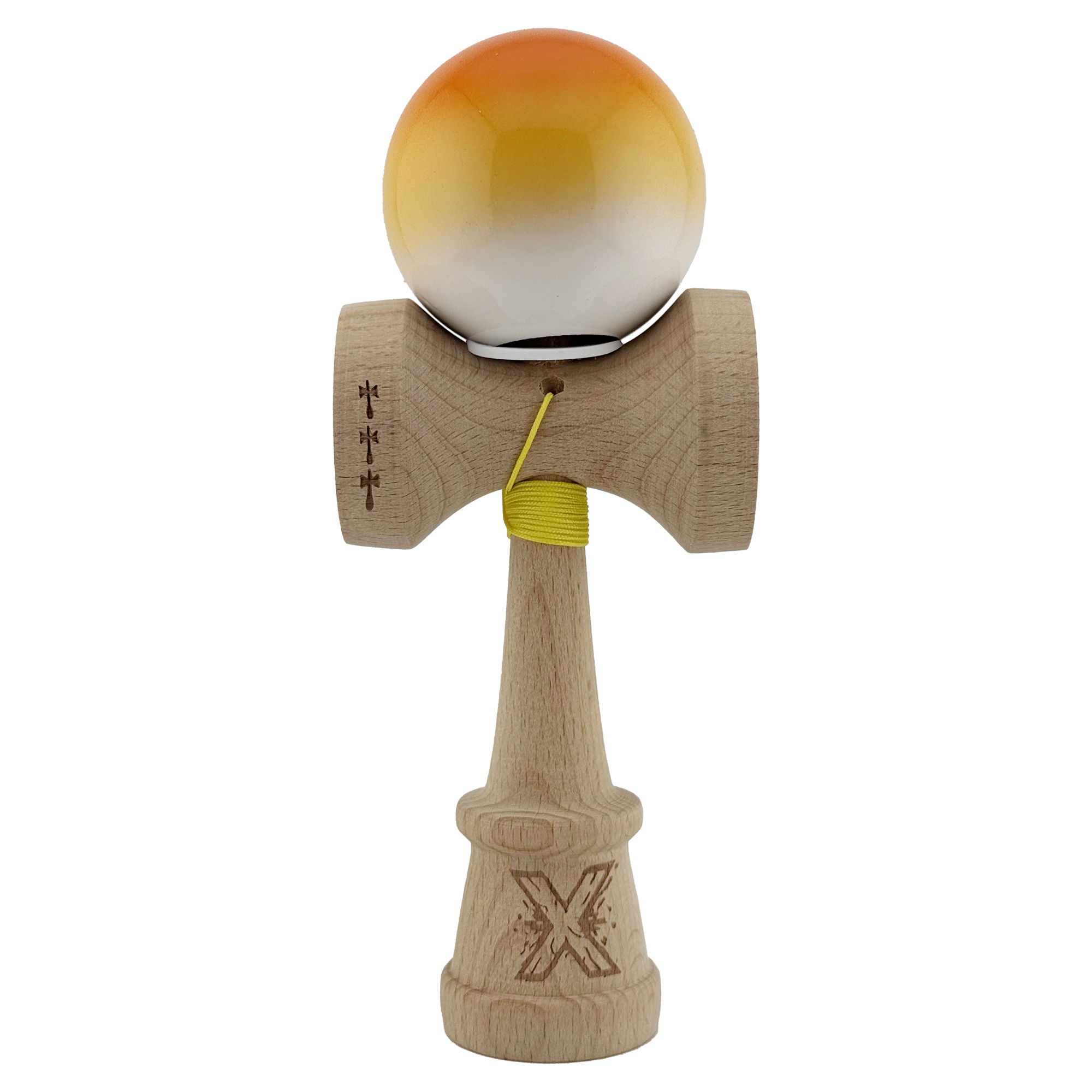 Kendama Super Sticky V3 Cupe Mari - Kendama X Originala, Profesionala, Flippy, Super Sticky cu Cupe Mari KING SIZE V3, Gaura in Baza, Rulment Metalic, din lemn 18 cm, Ata 62/65 cm, Gradient Portocaliu/Galben/Alb