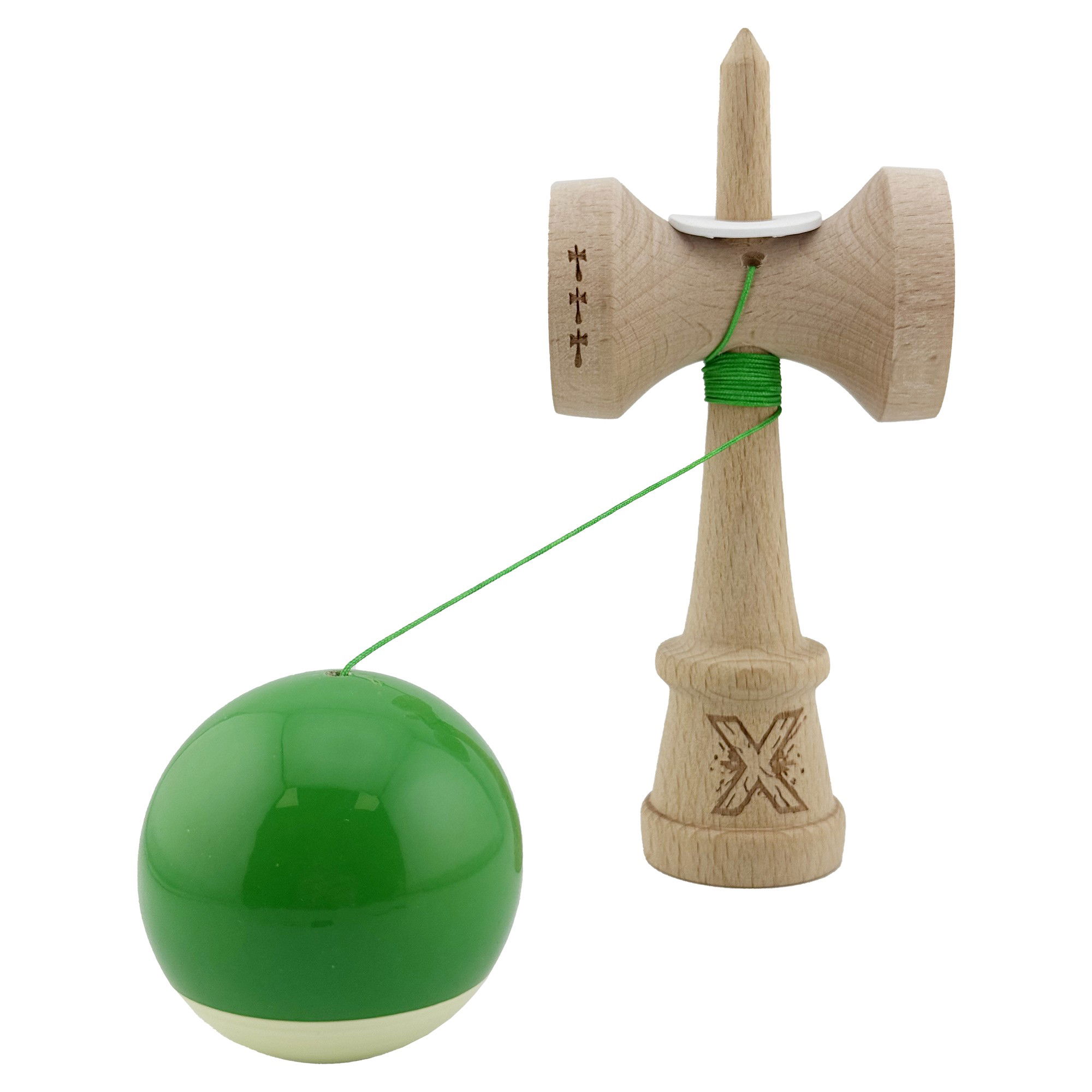 Kendama X Originala, Profesionala, Flippy, Super Sticky cu Cupe Mari KING SIZE V3, Gaura in Baza, Rulment Metalic, din lemn 18 cm, Ata 62/65 cm, Bicolor Verde/Alb [4]