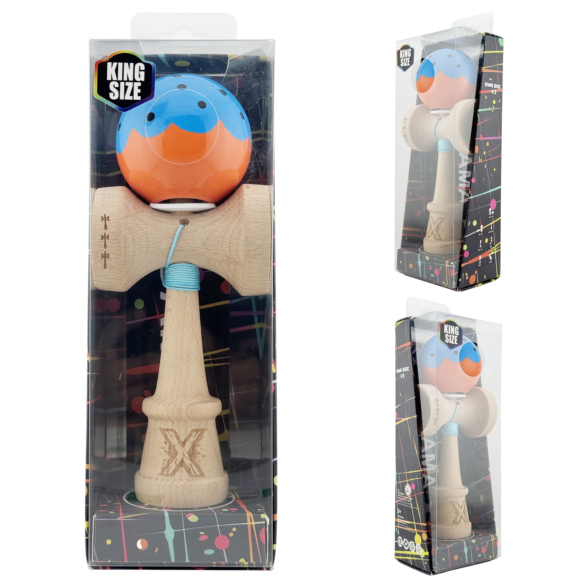 Kendama X Originala, Profesionala, Flippy, Super Sticky cu Cupe Mari KING SIZE V3, Gaura in Baza, Rulment Metalic, din lemn 18 cm, Ata 62/65 cm, Special Albastru/Portocaliu [5]