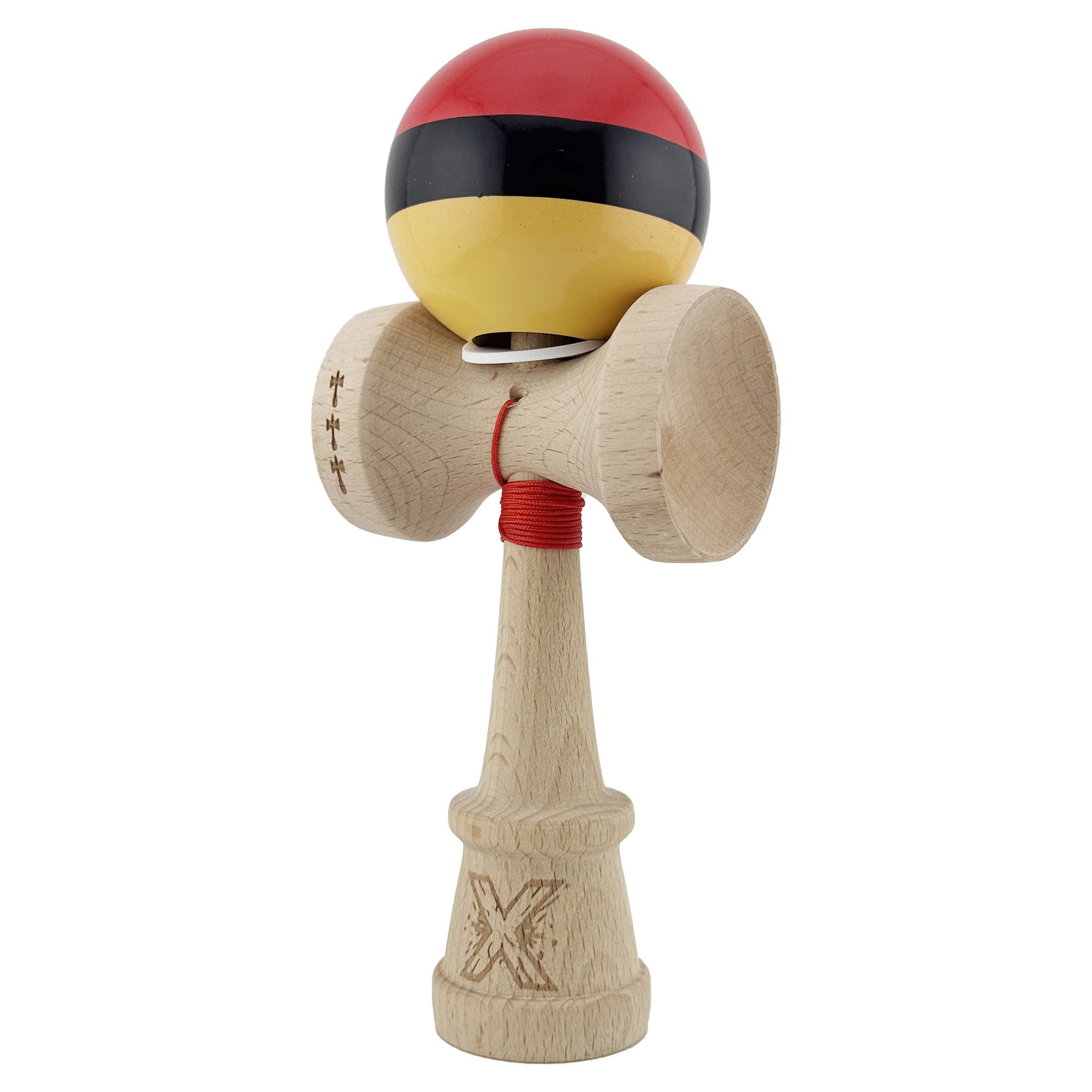 Kendama X Originala, Profesionala, Flippy, Super Sticky cu Cupe Mari KING SIZE V3, Gaura in Baza, Rulment Metalic, din lemn 18 cm, Ata 62/65 cm, Rosu/Negru/Galben  [3]