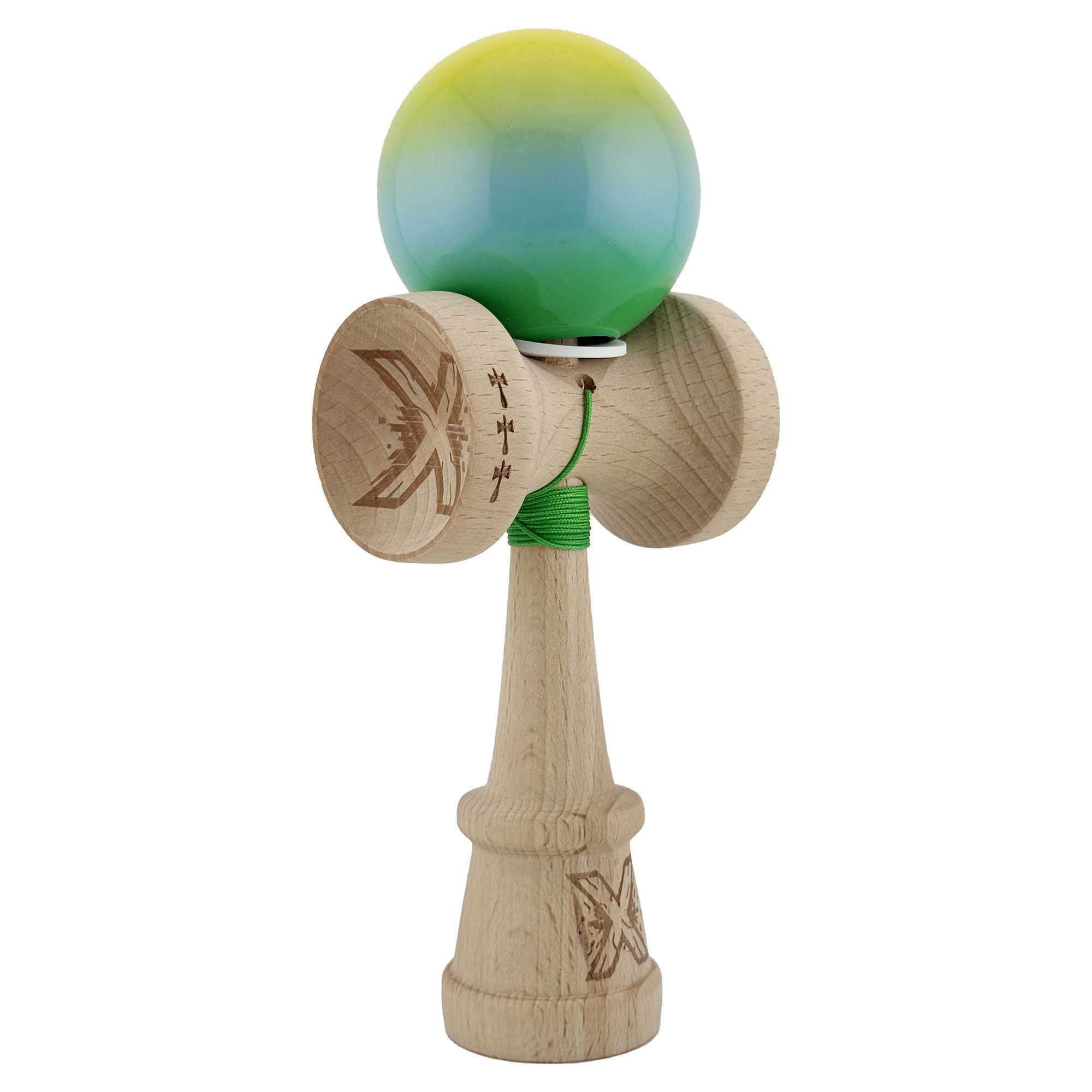 Kendama Super Sticky V3 Cupe Mari - Kendama X Originala, Profesionala, Flippy, Super Sticky cu Cupe Mari KING SIZE V3, Gaura in Baza, Rulment Metalic, din lemn 18 cm, Ata 62/65 cm, Gradient Galben/Albastru/Verde