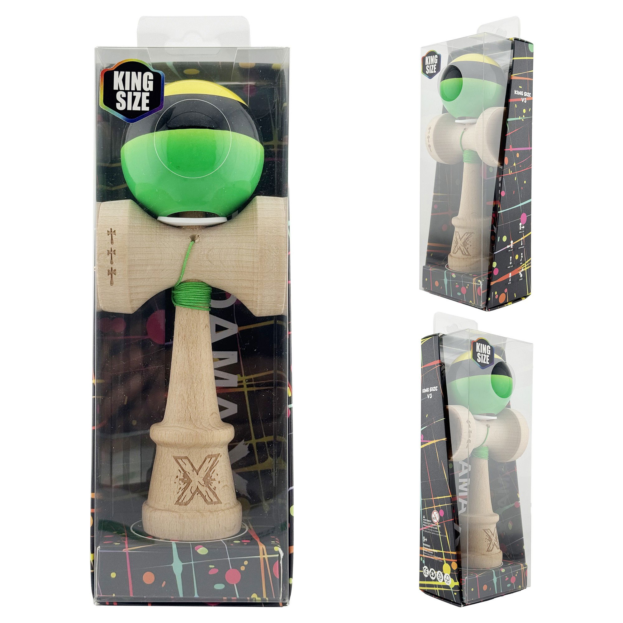 Kendama X Originala, Profesionala, Flippy, Super Sticky cu Cupe Mari KING SIZE V3, Gaura in Baza, Rulment Metalic, din lemn 18 cm, Ata 62/65 cm, Galben/Negru/Verde [6]
