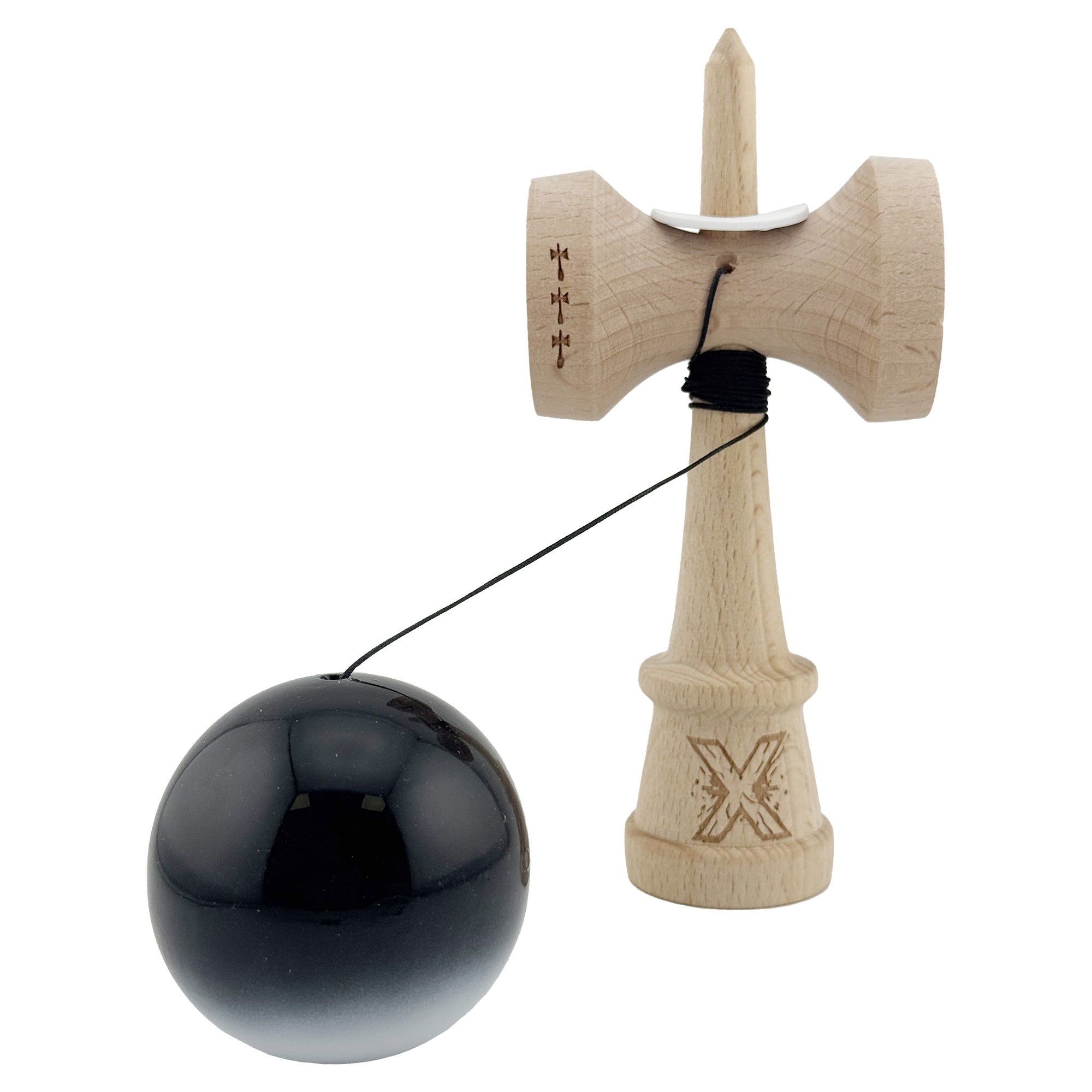 Kendama X Originala, Profesionala, Flippy, Super Sticky cu Cupe Mari KING SIZE V3, Gaura in Baza, Rulment Metalic, din lemn 18 cm, Ata 62/65 cm, Gradient Negru/Alb [4]