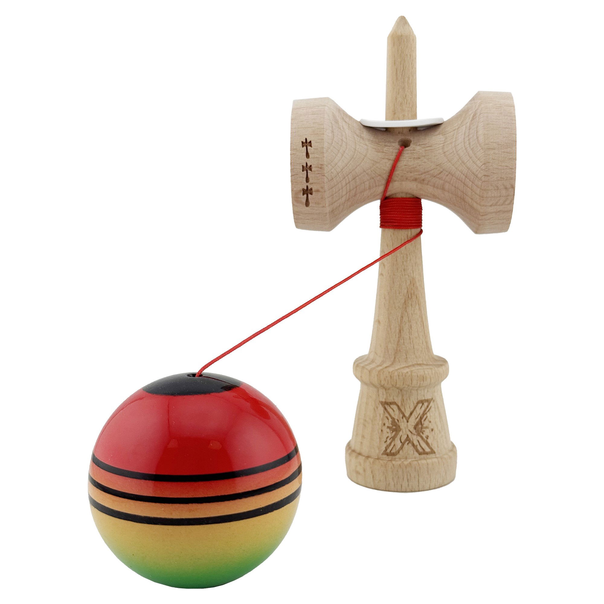 Kendama X Originala, Profesionala, Flippy, Super Sticky cu Cupe Mari KING SIZE V3, Gaura in Baza, Rulment Metalic, din lemn 18 cm, Ata 62/65 cm, Special Rosu/Verde [4]