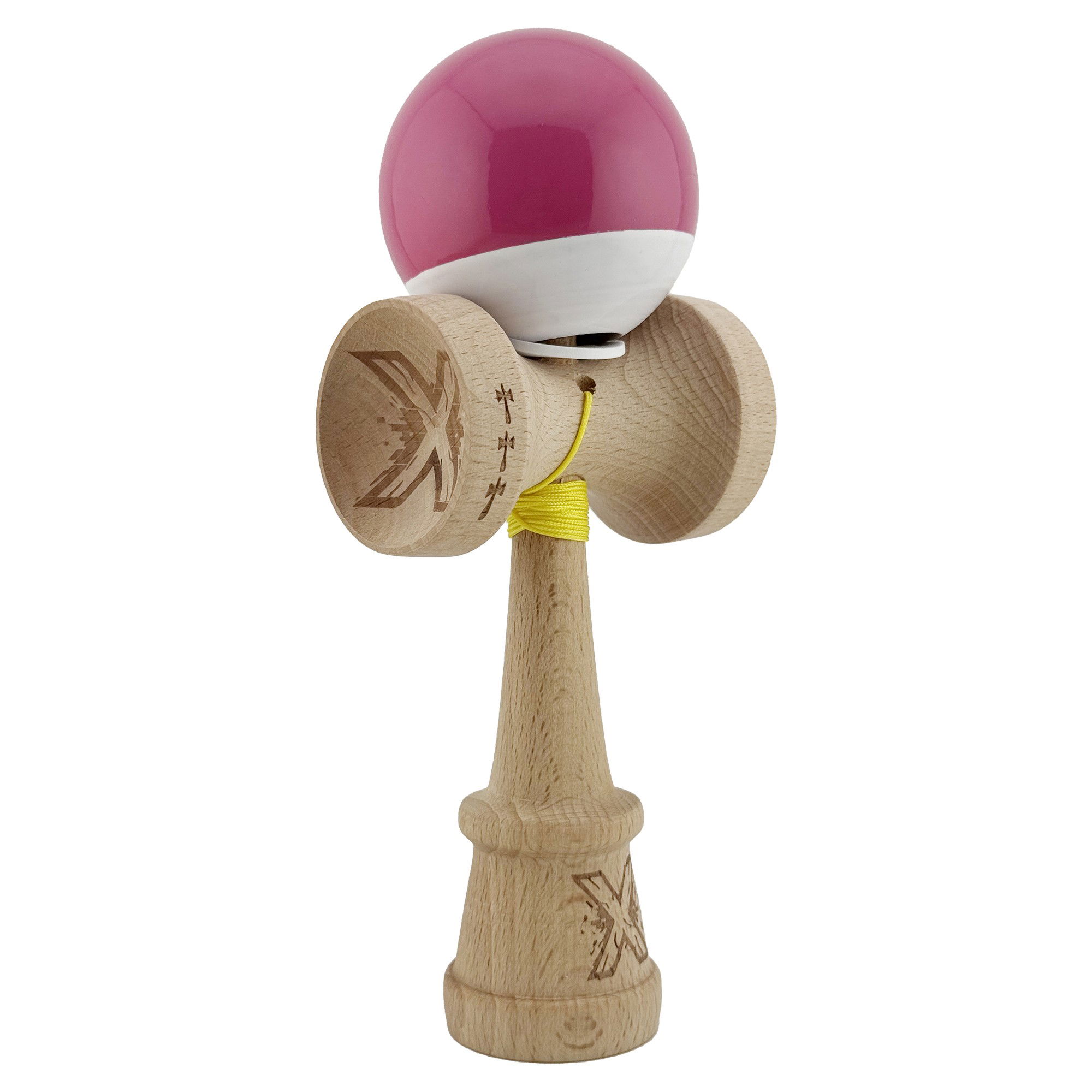 Kendama Super Sticky V3 Cupe Mari - Kendama X Originala, Profesionala, Flippy, Super Sticky cu Cupe Mari KING SIZE V3, Gaura in Baza, Rulment Metalic, din lemn 18 cm, Ata 62/65 cm, Bicolor Roz inchis/Alb