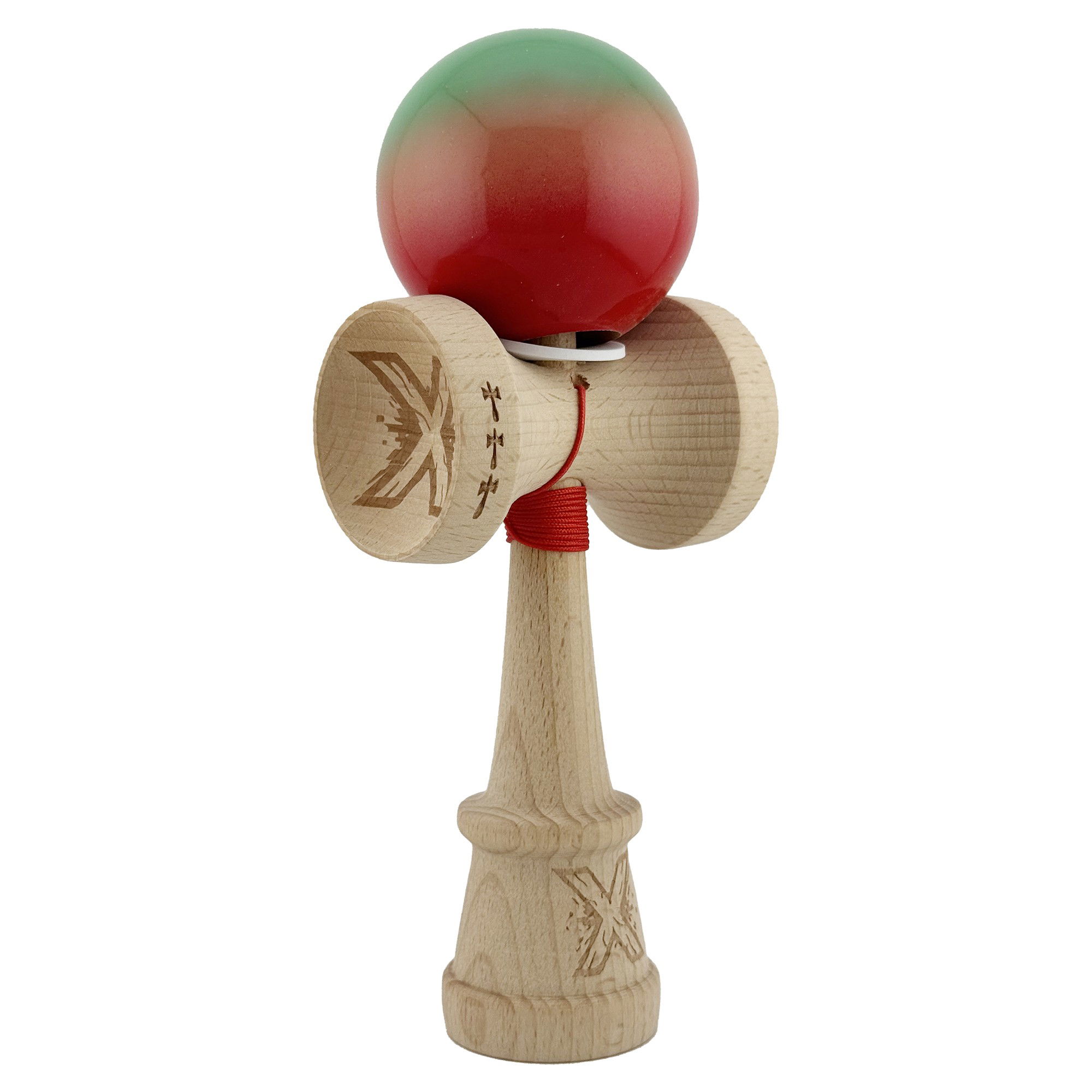 Kendama Super Sticky V3 Cupe Mari - Kendama X Originala, Profesionala, Flippy, Super Sticky cu Cupe Mari KING SIZE V3, Gaura in Baza, Rulment Metalic, din lemn 18 cm, Ata 62/65 cm, Gradient Verde/Portocaliu/Rosu