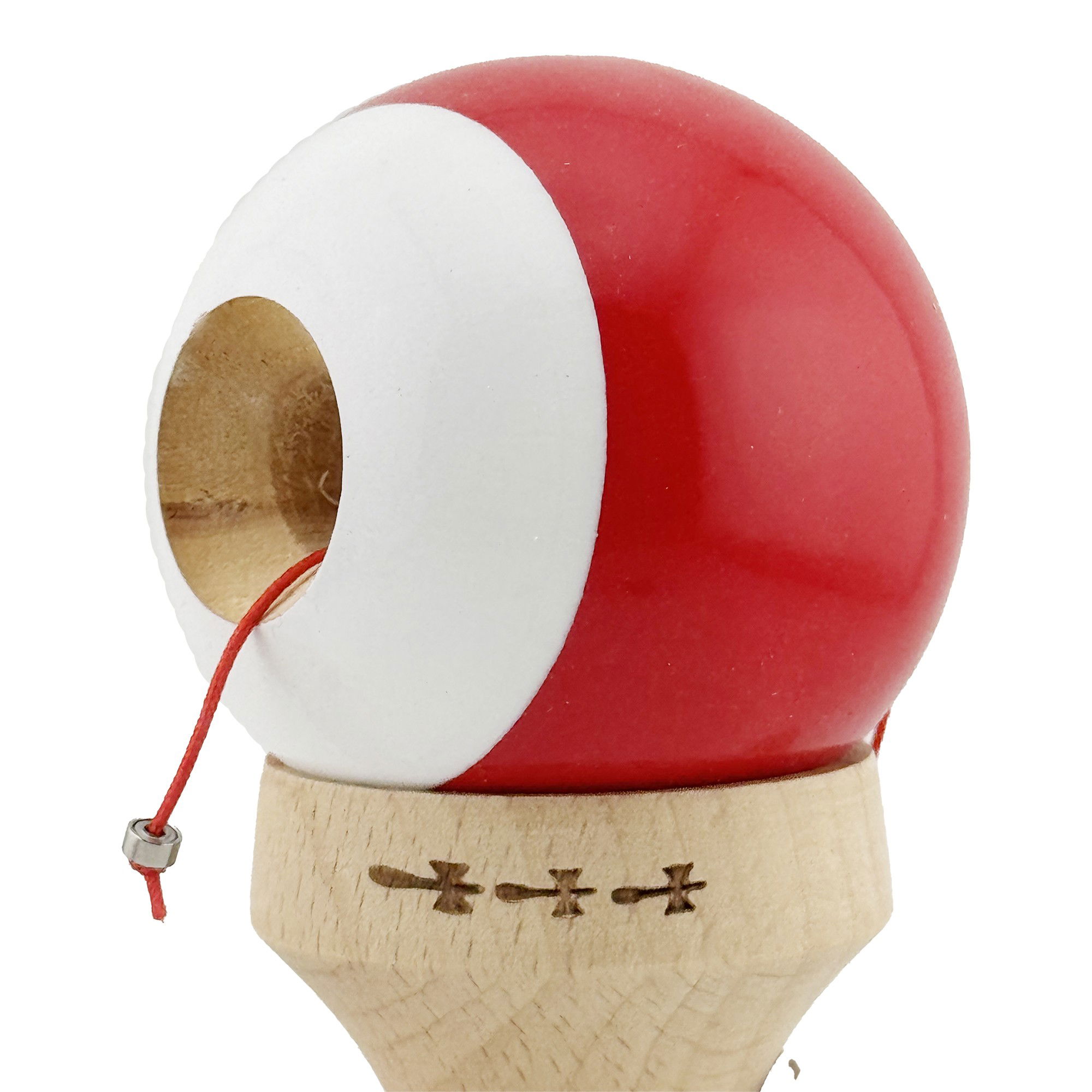 Kendama X Originala, Profesionala, Flippy, Super Sticky cu Cupe Mari KING SIZE V3, Gaura in Baza, Rulment Metalic, din lemn 18 cm, Ata 62/65 cm, Bicolor Rosu/Alb [7]