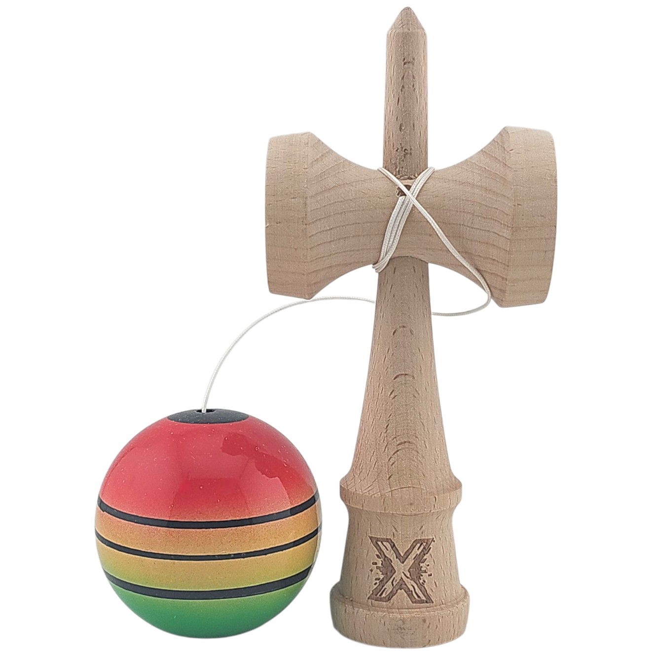 Kendama Super Sticky - Kendama X Originala, Profesionala, Flippy, Super Sticky, din Lemn, 18 cm, Gradient Rosu/Galben/Verde