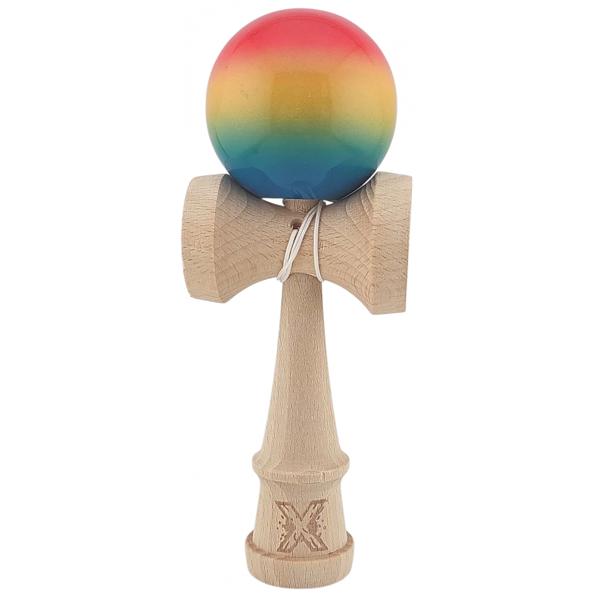 Kendama - Kendama X Originala, Profesionala, Flippy, Super Sticky din Lemn, 18 cm, Gradient Roz/Galben/Albastru