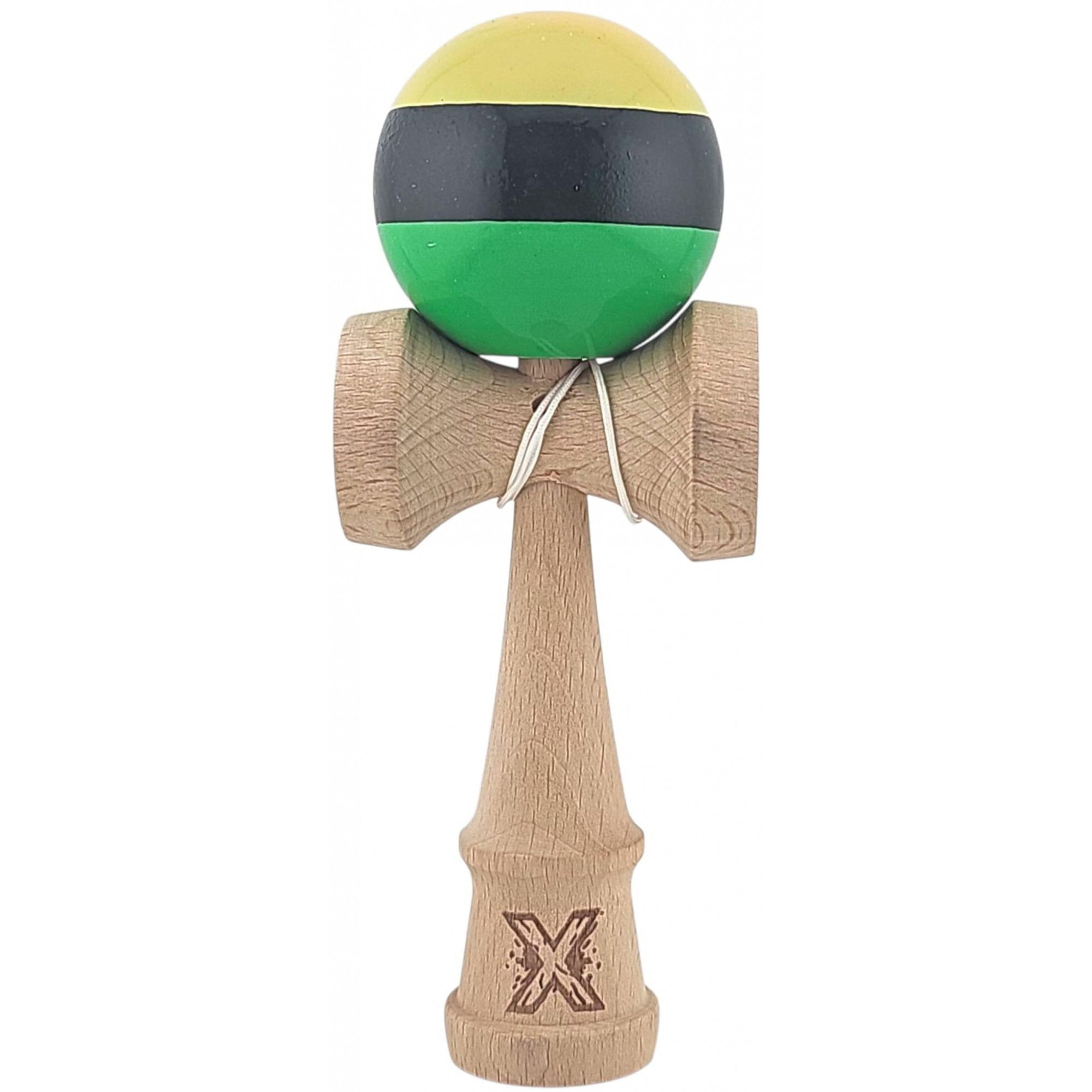 Kendama Super Sticky - Kendama X Originala, Profesionala, Flippy, Super Sticky din Lemn, 18 cm, Galben/Negru/Verde