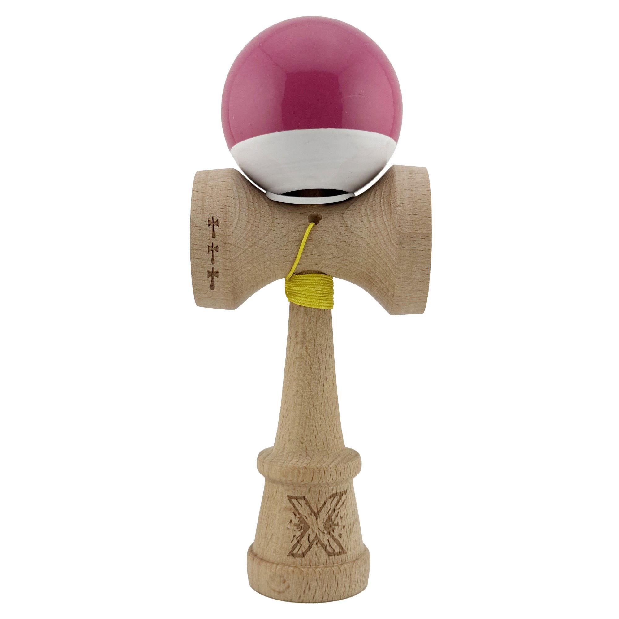 Kendama Super Sticky V3 Cupe Mari - Kendama X Originala, Profesionala, Flippy, Super Sticky cu Cupe Mari KING SIZE V3, Gaura in Baza, Rulment Metalic, din lemn 18 cm, Ata 62/65 cm, Bicolor Roz inchis/Alb