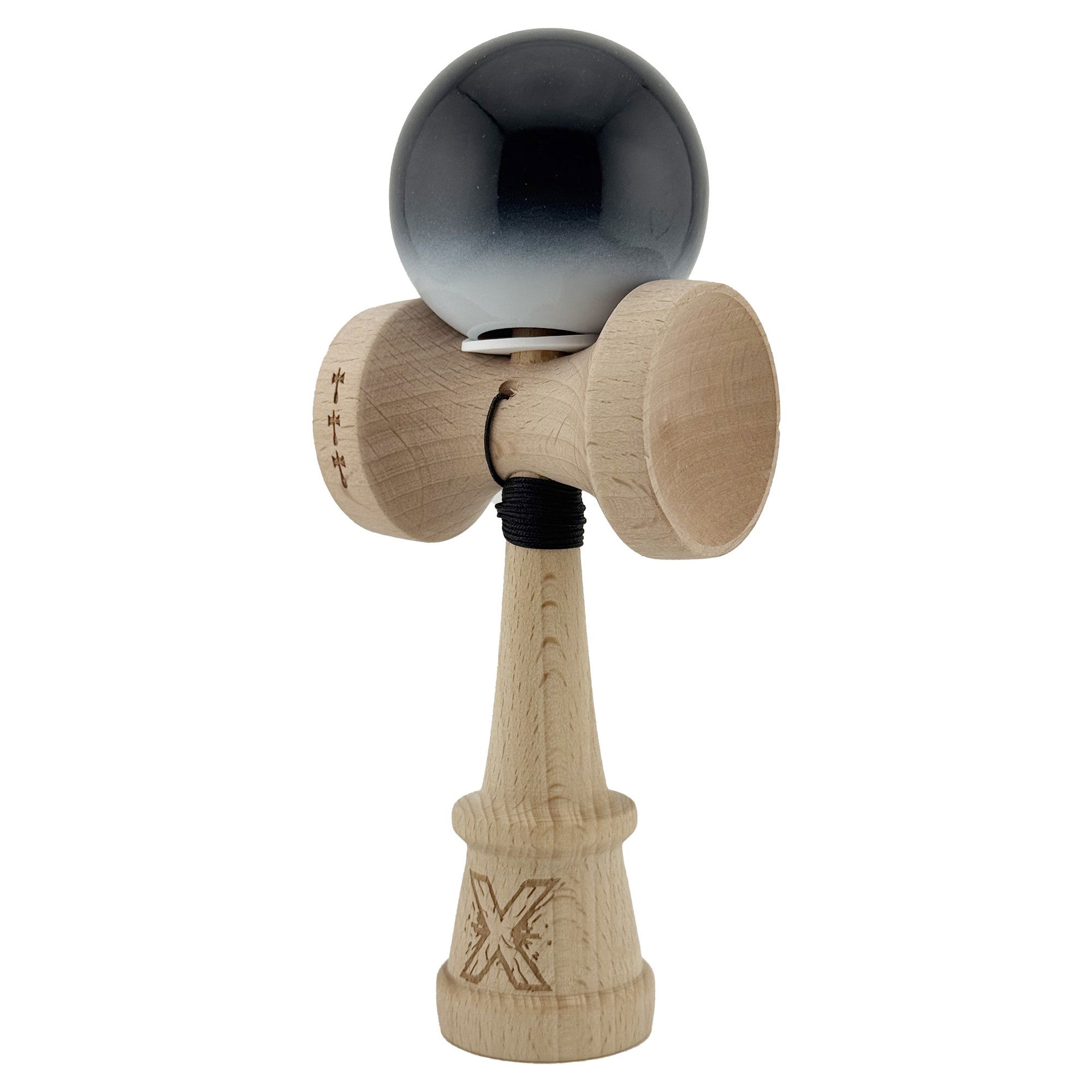 Kendama X Originala, Profesionala, Flippy, Super Sticky cu Cupe Mari KING SIZE V3, Gaura in Baza, Rulment Metalic, din lemn 18 cm, Ata 62/65 cm, Gradient Negru/Alb [3]