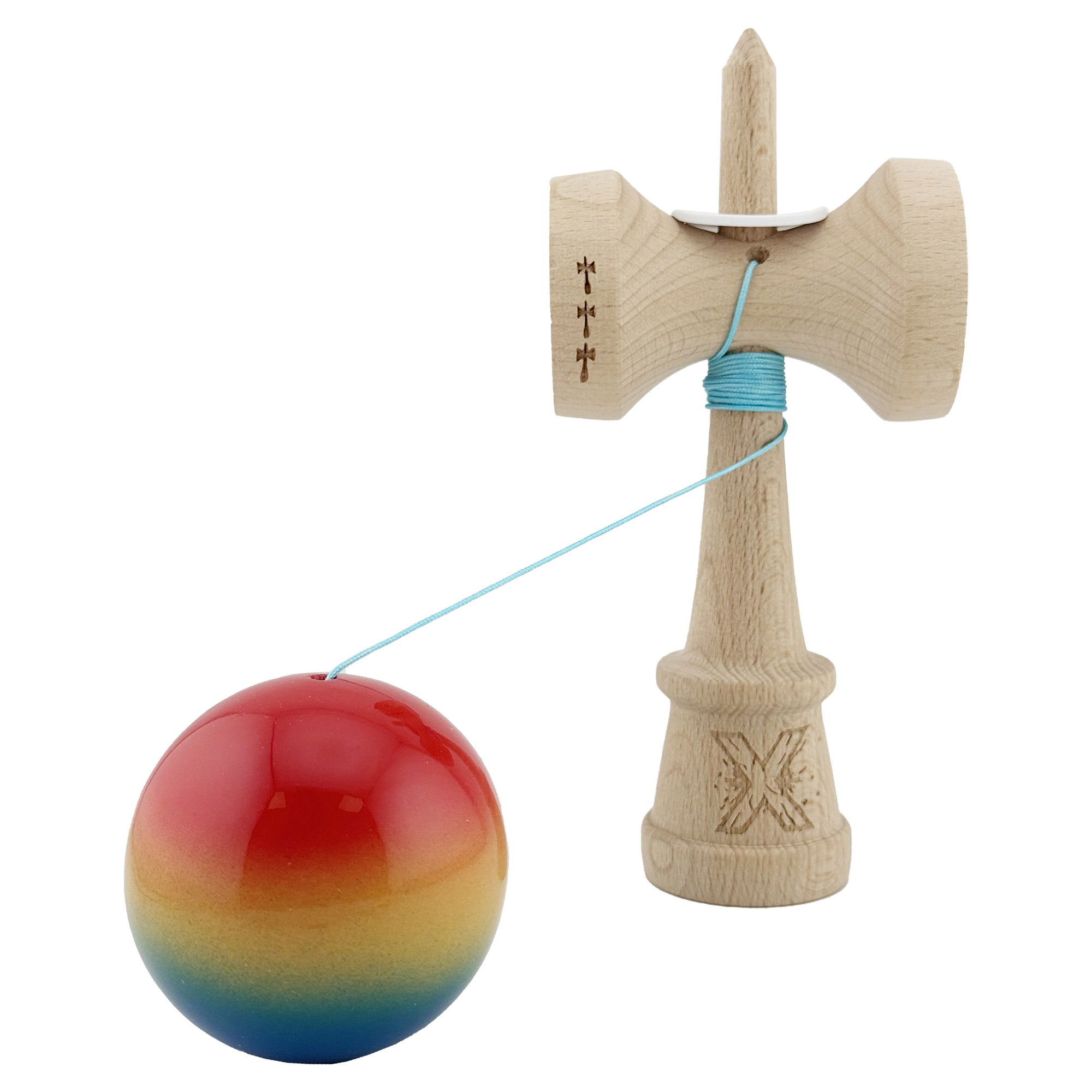 Kendama X Originala, Profesionala, Flippy, Super Sticky cu Cupe Mari KING SIZE V3, Gaura in Baza, Rulment Metalic, din lemn 18 cm, Ata 62/65 cm, Gradient Rosu/Galben/Albastru [4]