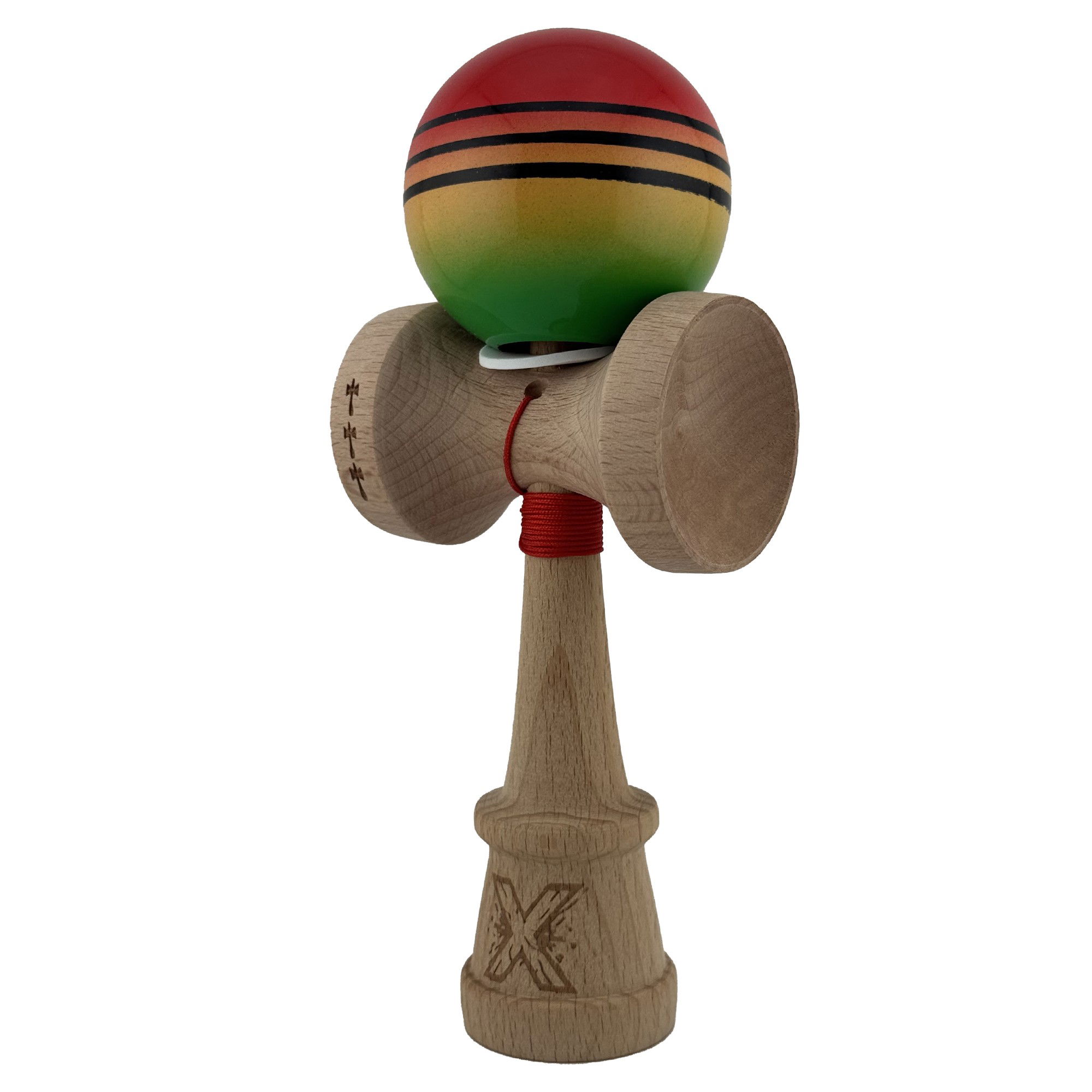 Kendama X Originala, Profesionala, Flippy, Super Sticky cu Cupe Mari KING SIZE V3, Gaura in Baza, Rulment Metalic, din lemn 18 cm, Ata 62/65 cm, Special Rosu/Verde [3]