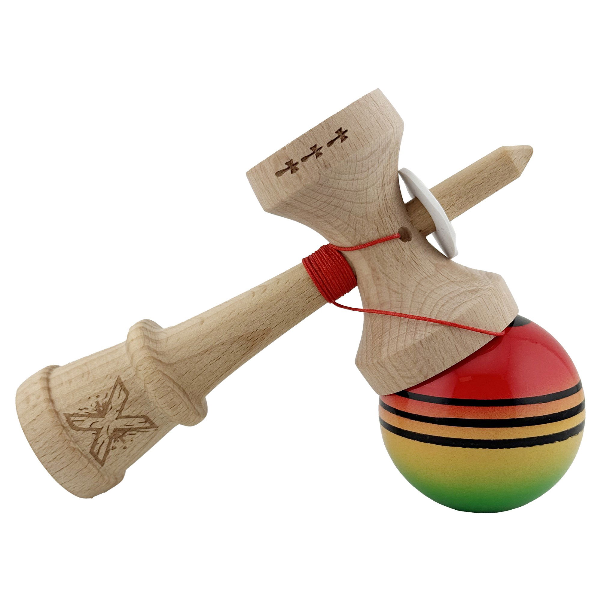 Kendama X Originala, Profesionala, Flippy, Super Sticky cu Cupe Mari KING SIZE V3, Gaura in Baza, Rulment Metalic, din lemn 18 cm, Ata 62/65 cm, Special Rosu/Verde [5]