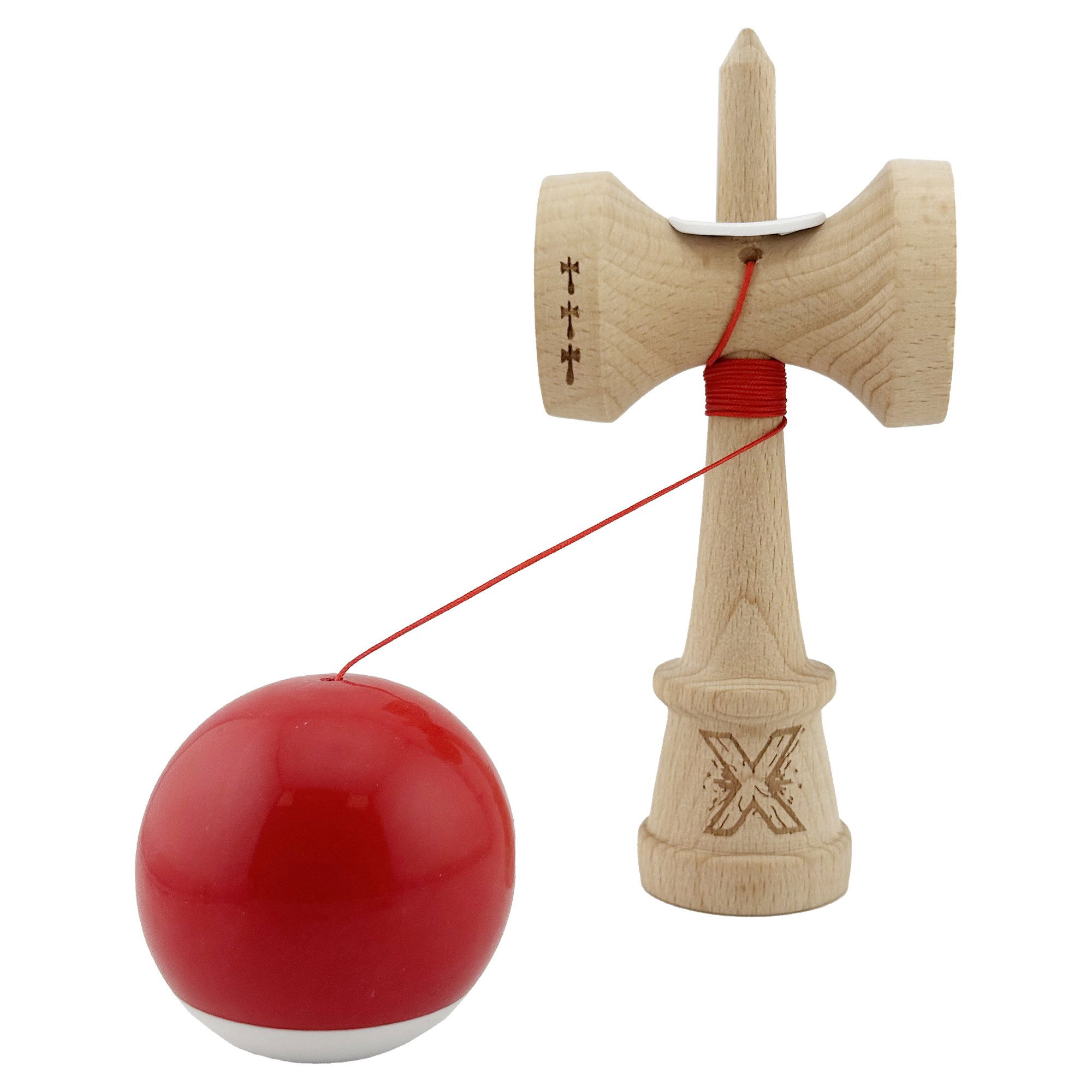 Kendama X Originala, Profesionala, Flippy, Super Sticky cu Cupe Mari KING SIZE V3, Gaura in Baza, Rulment Metalic, din lemn 18 cm, Ata 62/65 cm, Bicolor Rosu/Alb [4]