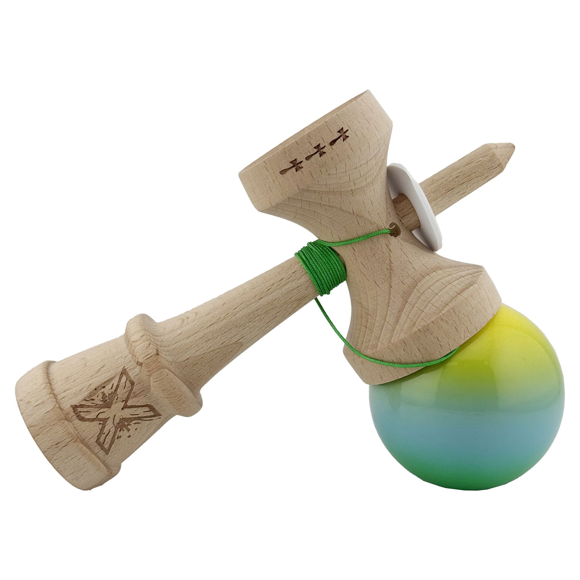 Kendama X Originala, Profesionala, Flippy, Super Sticky cu Cupe Mari KING SIZE V3, Gaura in Baza, Rulment Metalic, din lemn 18 cm, Ata 62/65 cm, Gradient Galben/Albastru/Verde [5]