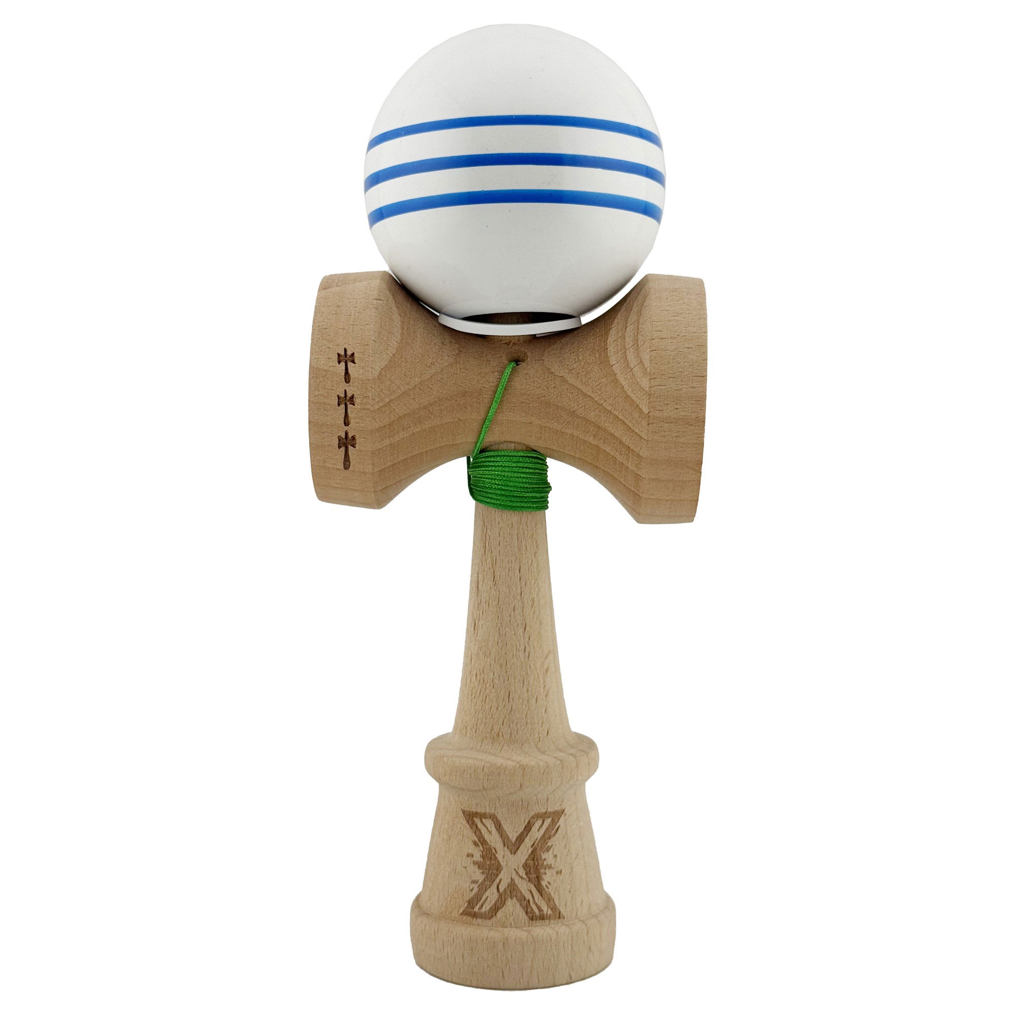 Kendama Super Sticky V3 Cupe Mari - Kendama X Originala, Profesionala, Flippy, Super Sticky cu Cupe Mari KING SIZE V3, Gaura in Baza, Rulment Metalic, din lemn 18 cm, Ata 62/65 cm, Special Alb/Albastru