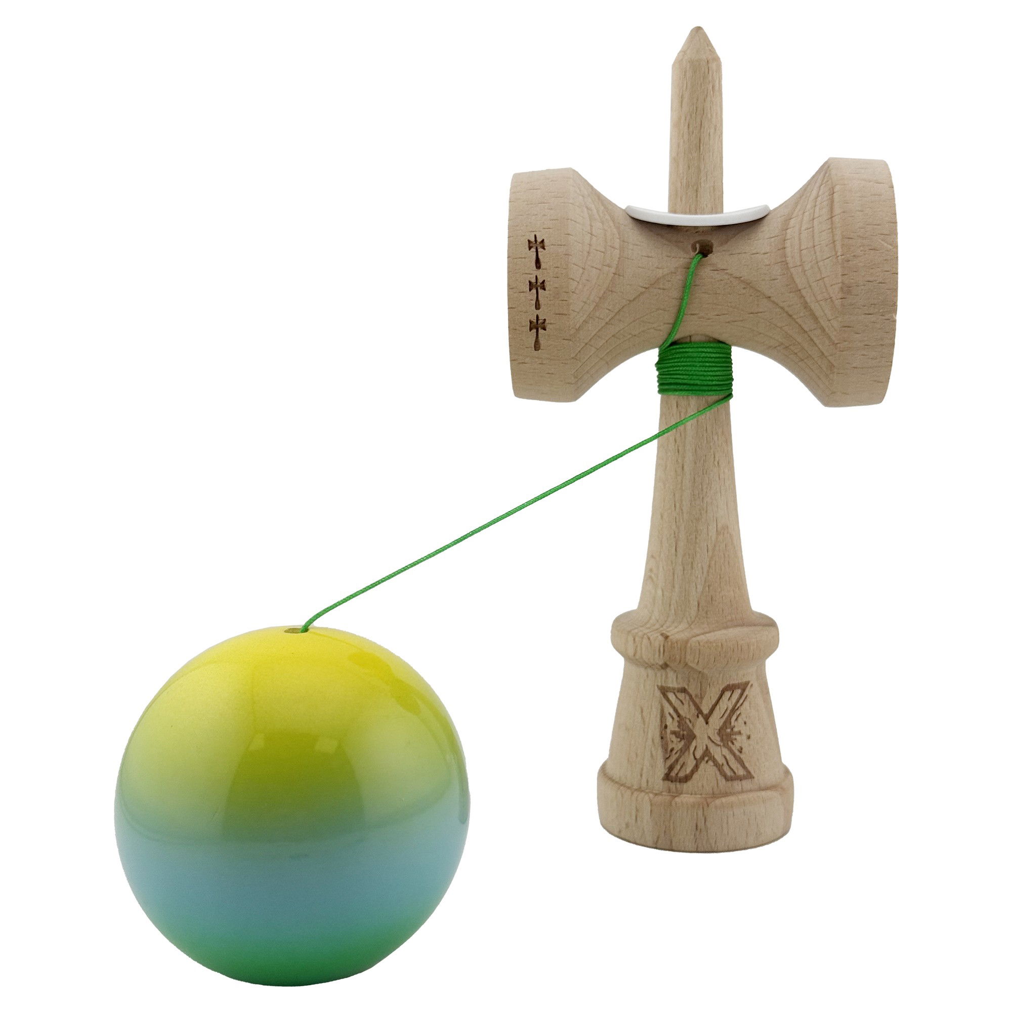 Kendama X Originala, Profesionala, Flippy, Super Sticky cu Cupe Mari KING SIZE V3, Gaura in Baza, Rulment Metalic, din lemn 18 cm, Ata 62/65 cm, Gradient Galben/Albastru/Verde [4]