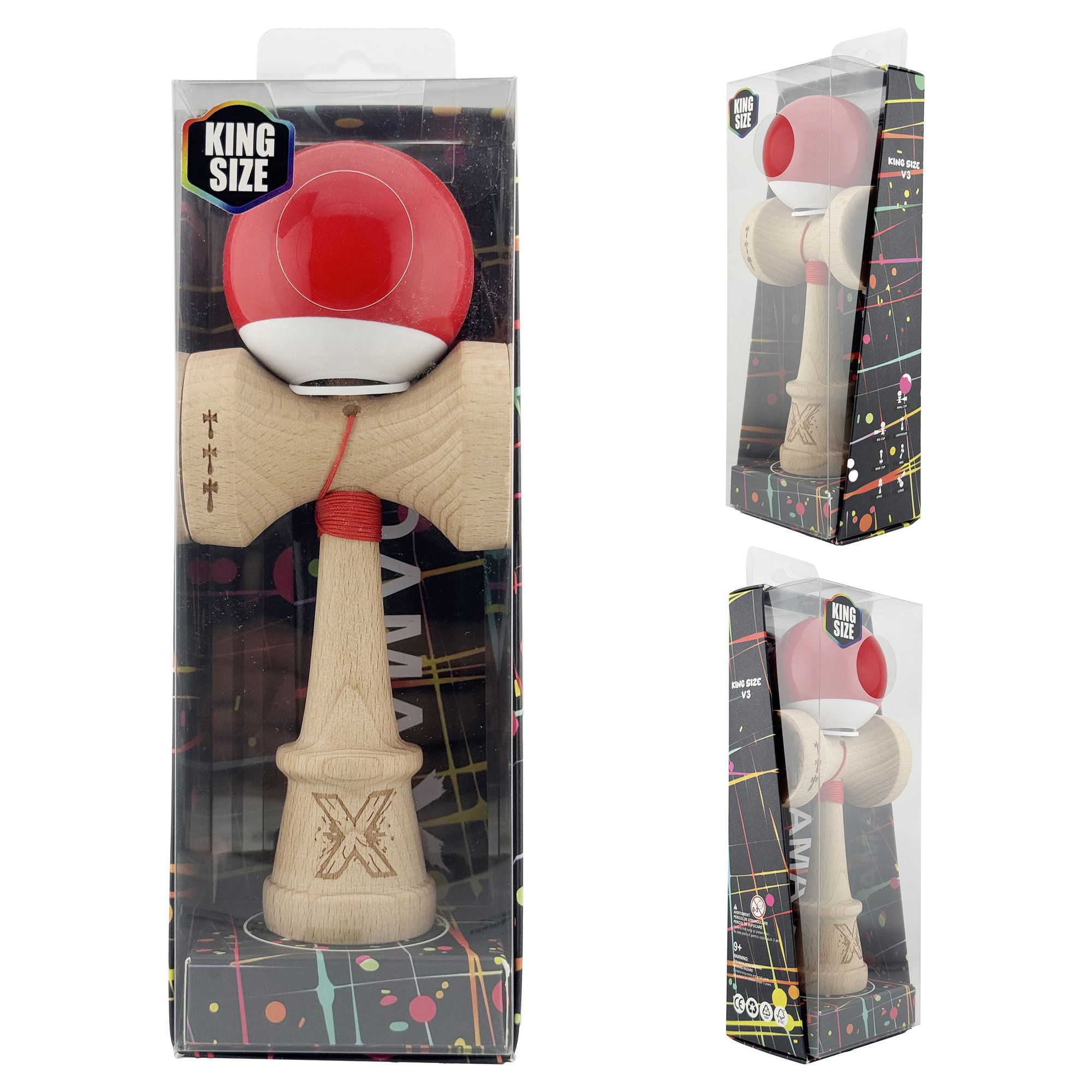 Kendama X Originala, Profesionala, Flippy, Super Sticky cu Cupe Mari KING SIZE V3, Gaura in Baza, Rulment Metalic, din lemn 18 cm, Ata 62/65 cm, Bicolor Rosu/Alb [6]