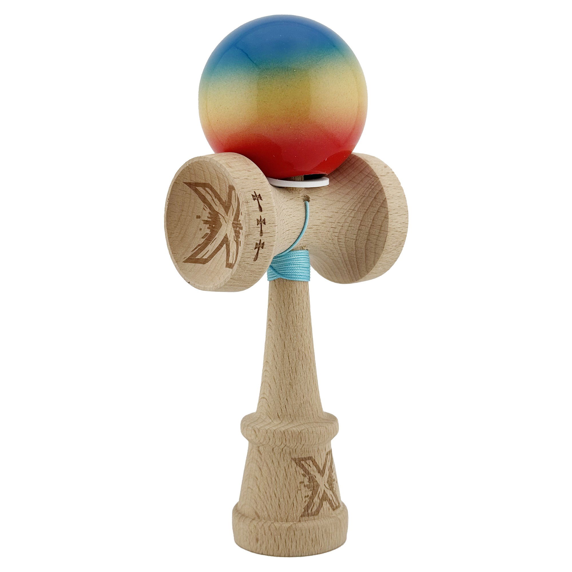 Kendama Super Sticky V3 Cupe Mari - Kendama X Originala, Profesionala, Flippy, Super Sticky cu Cupe Mari KING SIZE V3, Gaura in Baza, Rulment Metalic, din lemn 18 cm, Ata 62/65 cm, Gradient Albastru/Galben/Rosu