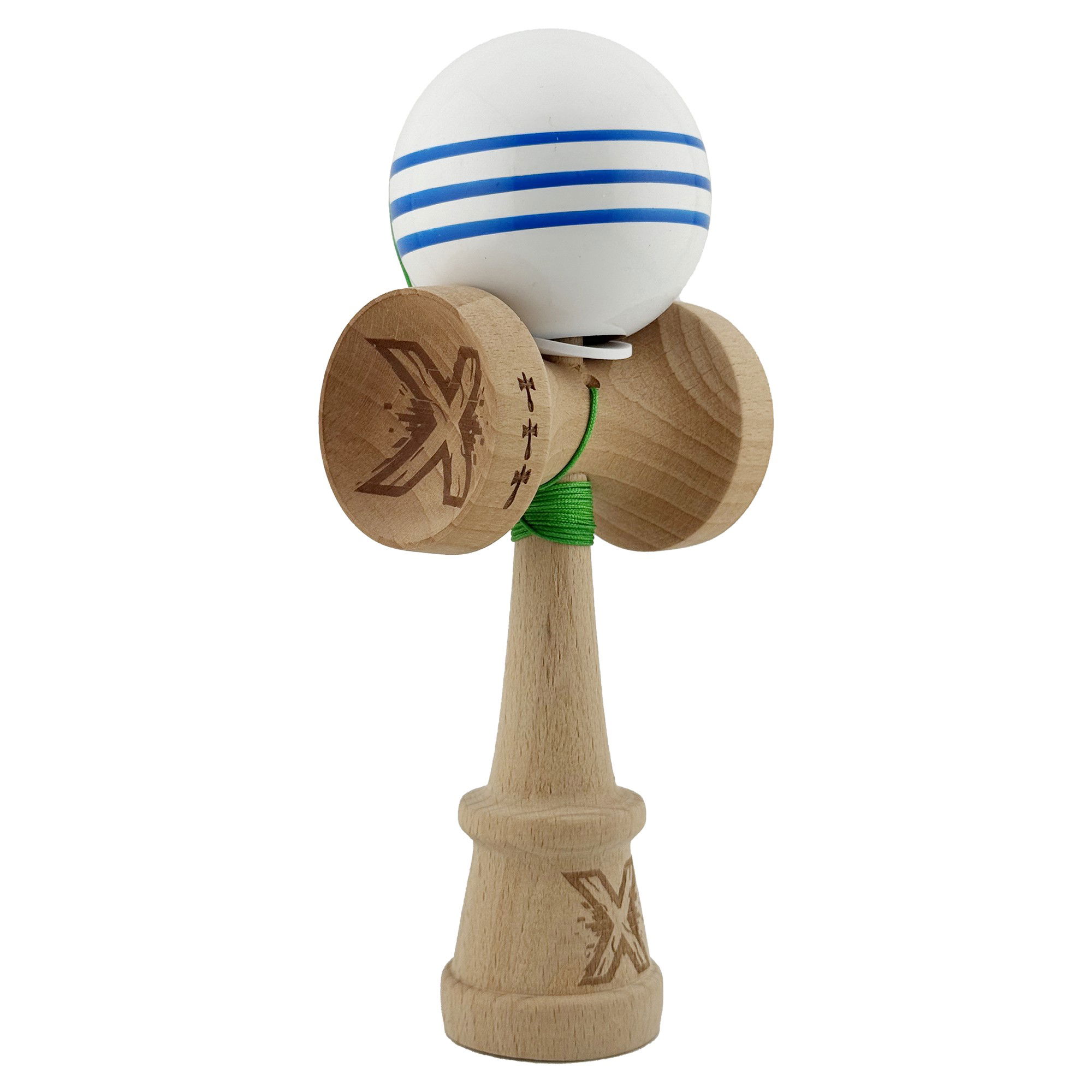 Kendama Super Sticky V3 Cupe Mari - Kendama X Originala, Profesionala, Flippy, Super Sticky cu Cupe Mari KING SIZE V3, Gaura in Baza, Rulment Metalic, din lemn 18 cm, Ata 62/65 cm, Special Alb/Albastru