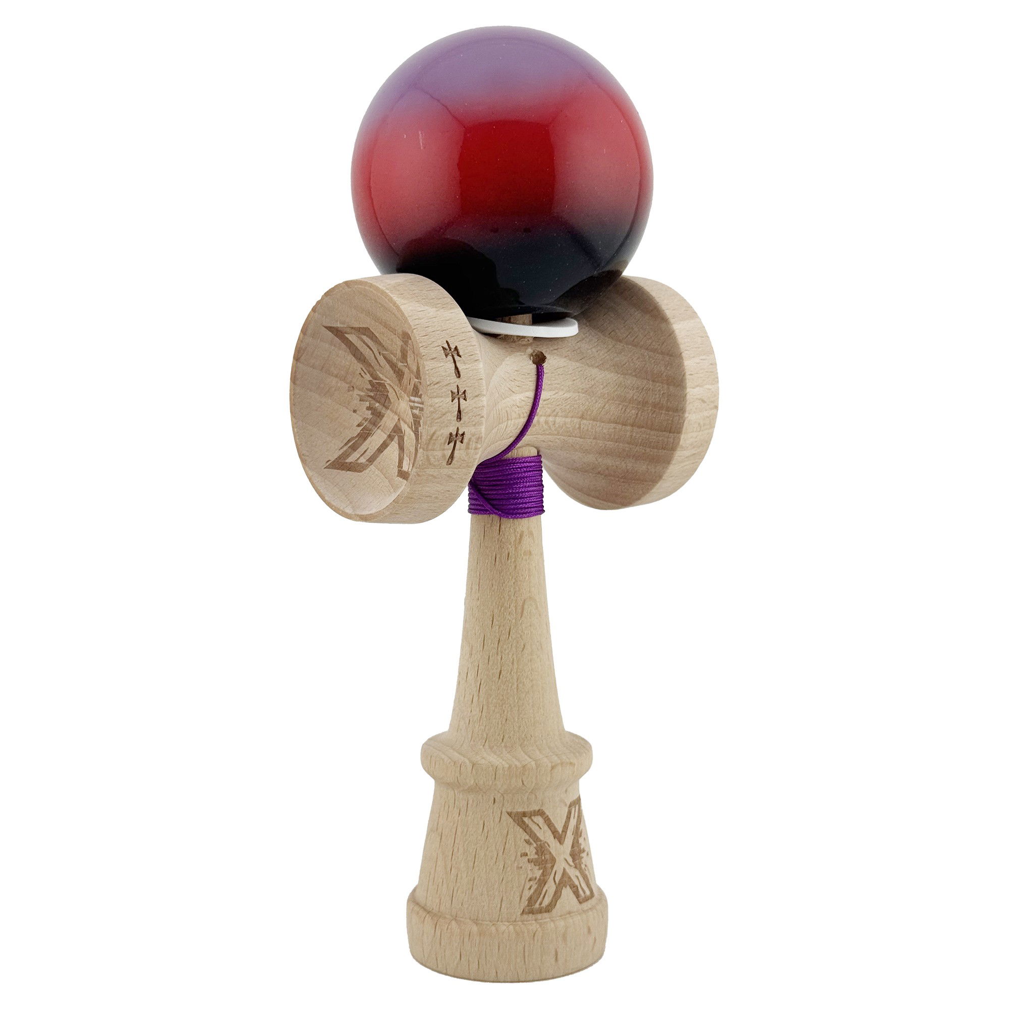 Kendama Super Sticky V3 Cupe Mari - Kendama X Originala, Profesionala, Flippy, Super Sticky cu Cupe Mari KING SIZE V3, Gaura in Baza, Rulment Metalic, din lemn 18 cm, Ata 62/65 cm, Gradient Mov/Rosu/Negru