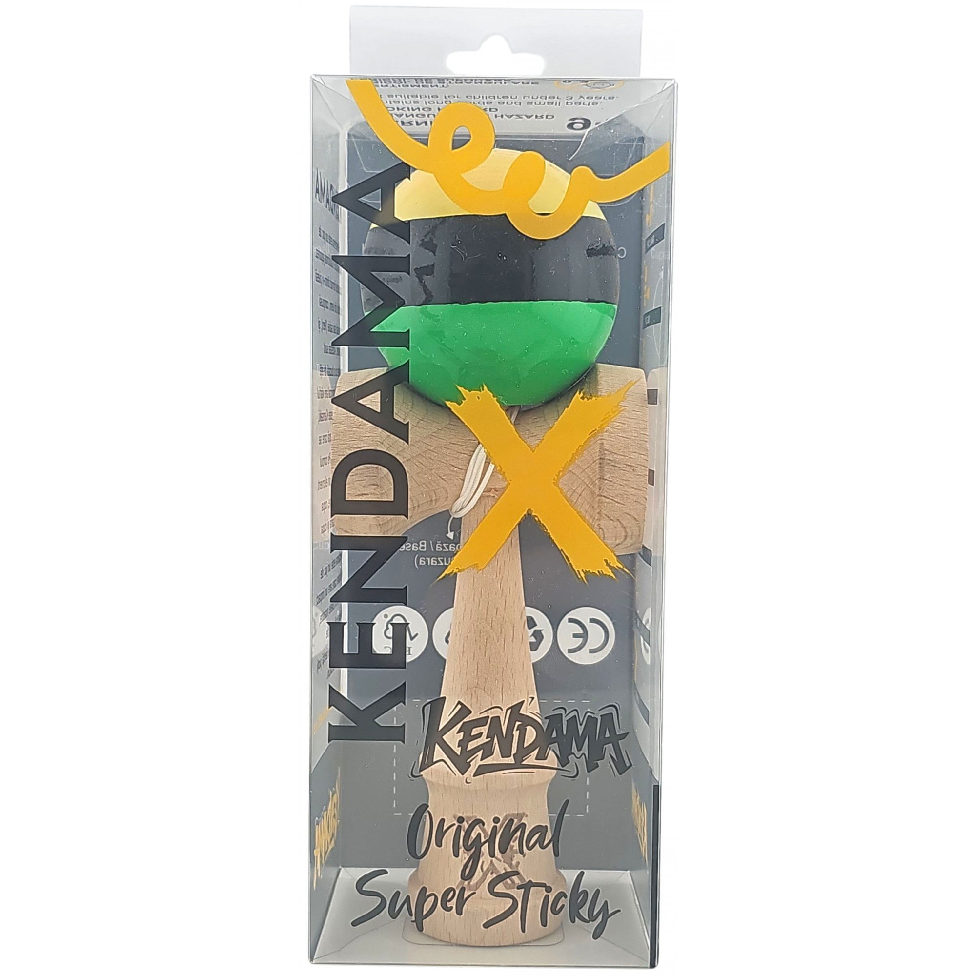 Kendama X Originala, Profesionala, Flippy, Super Sticky din Lemn, 18 cm, Galben/Negru/Verde [5]