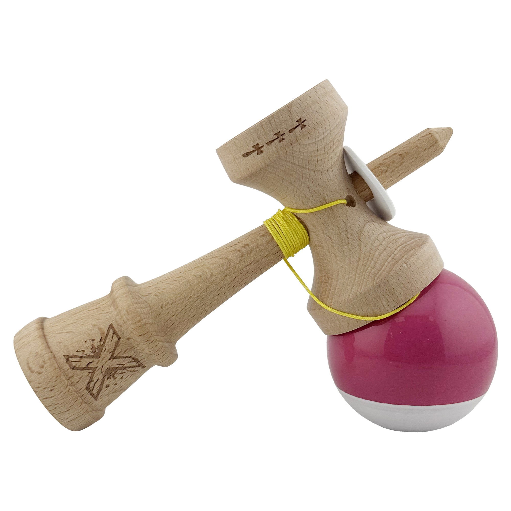 Kendama X Originala, Profesionala, Flippy, Super Sticky cu Cupe Mari KING SIZE V3, Gaura in Baza, Rulment Metalic, din lemn 18 cm, Ata 62/65 cm, Bicolor Roz inchis/Alb [5]