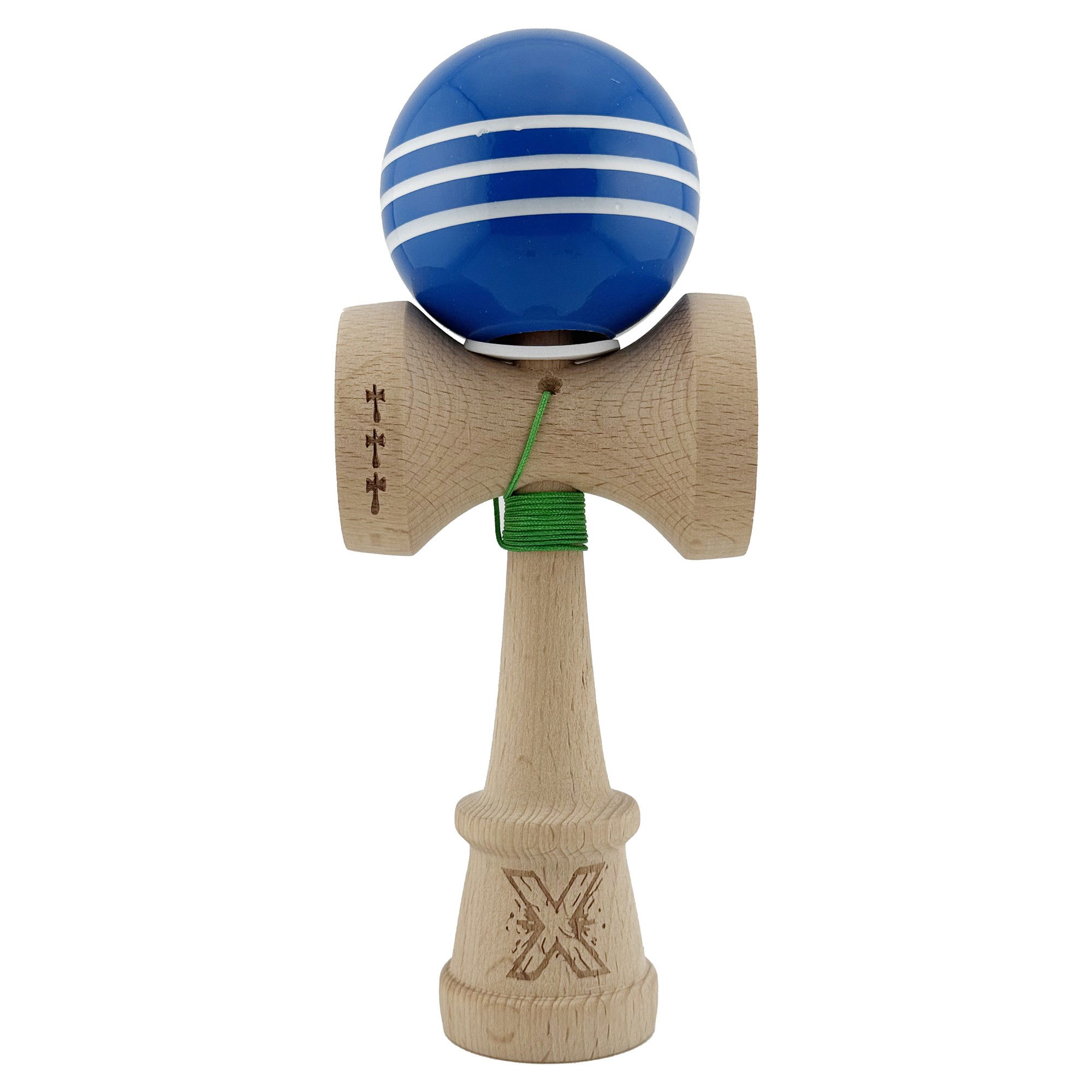 Kendama Super Sticky V3 Cupe Mari - Kendama X Originala, Profesionala, Flippy, Super Sticky cu Cupe Mari KING SIZE V3, Gaura in Baza, Rulment Metalic, din lemn 18 cm, Ata 62/65 cm, Special Albastru/Alb