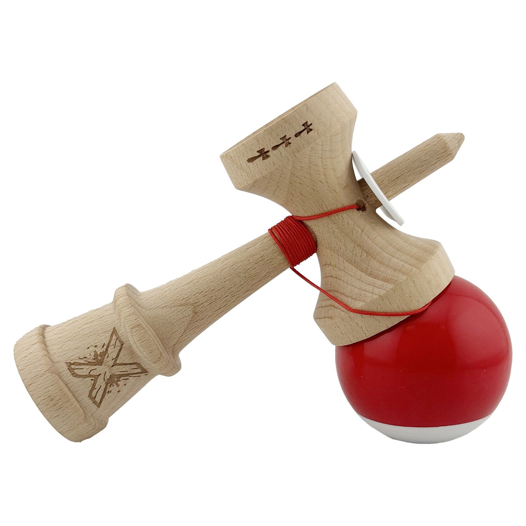 Kendama X Originala, Profesionala, Flippy, Super Sticky cu Cupe Mari KING SIZE V3, Gaura in Baza, Rulment Metalic, din lemn 18 cm, Ata 62/65 cm, Bicolor Rosu/Alb [5]