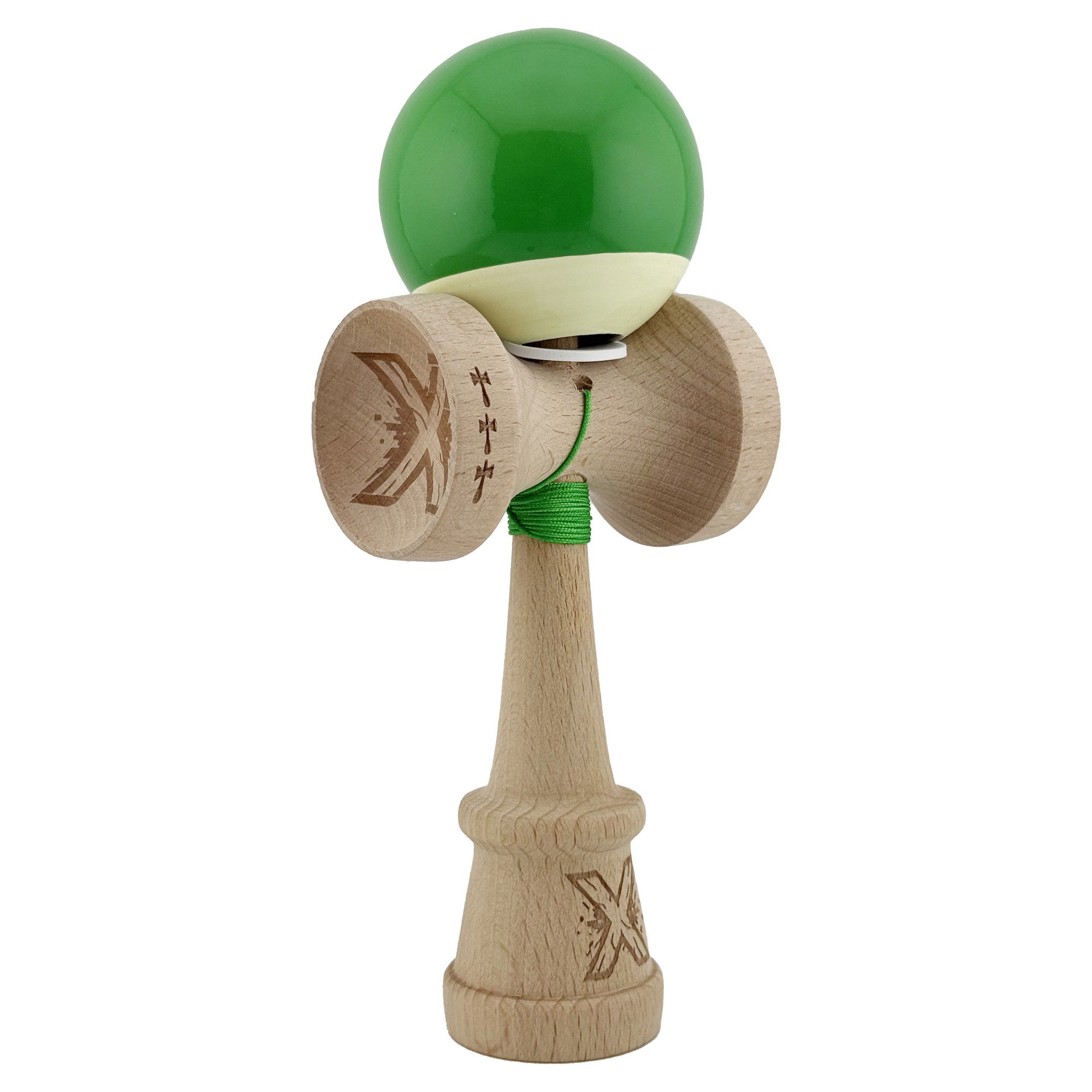 Kendama Super Sticky V3 Cupe Mari - Kendama X Originala, Profesionala, Flippy, Super Sticky cu Cupe Mari KING SIZE V3, Gaura in Baza, Rulment Metalic, din lemn 18 cm, Ata 62/65 cm, Bicolor Verde/Alb
