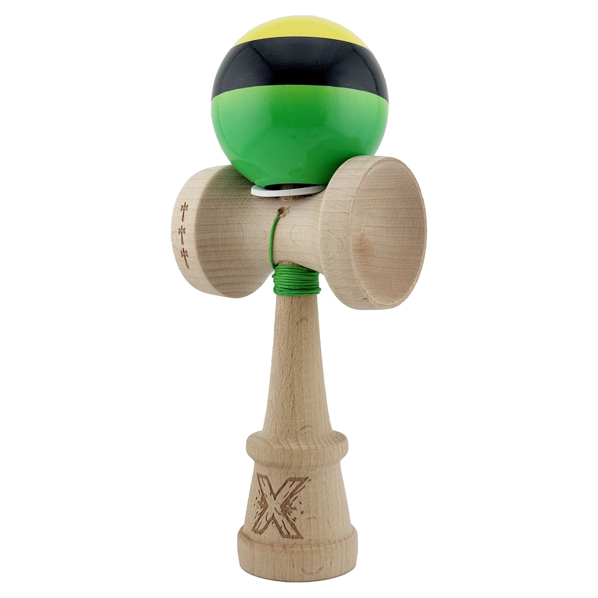 Kendama X Originala, Profesionala, Flippy, Super Sticky cu Cupe Mari KING SIZE V3, Gaura in Baza, Rulment Metalic, din lemn 18 cm, Ata 62/65 cm, Galben/Negru/Verde [3]