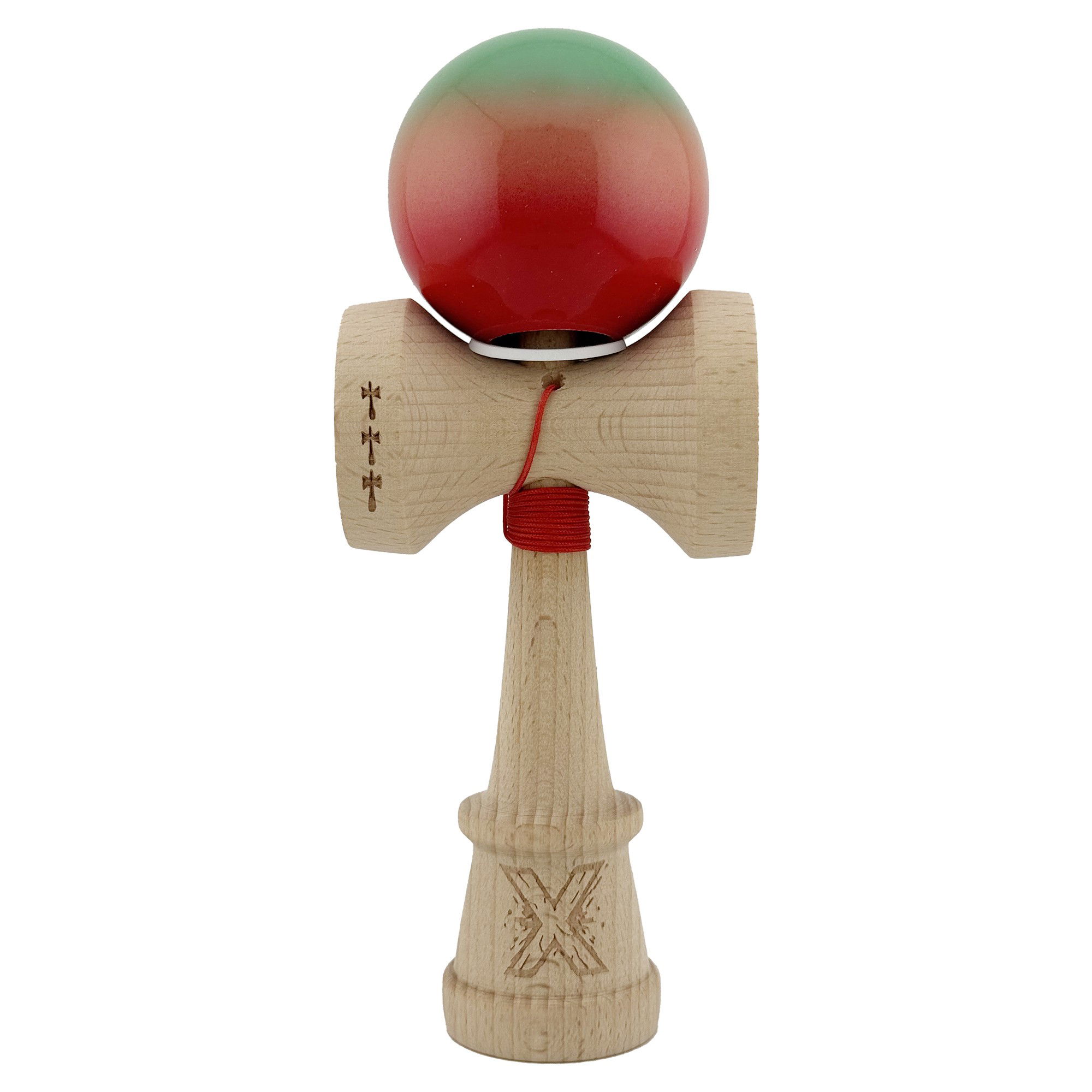 Kendama Super Sticky V3 Cupe Mari - Kendama X Originala, Profesionala, Flippy, Super Sticky cu Cupe Mari KING SIZE V3, Gaura in Baza, Rulment Metalic, din lemn 18 cm, Ata 62/65 cm, Gradient Verde/Portocaliu/Rosu