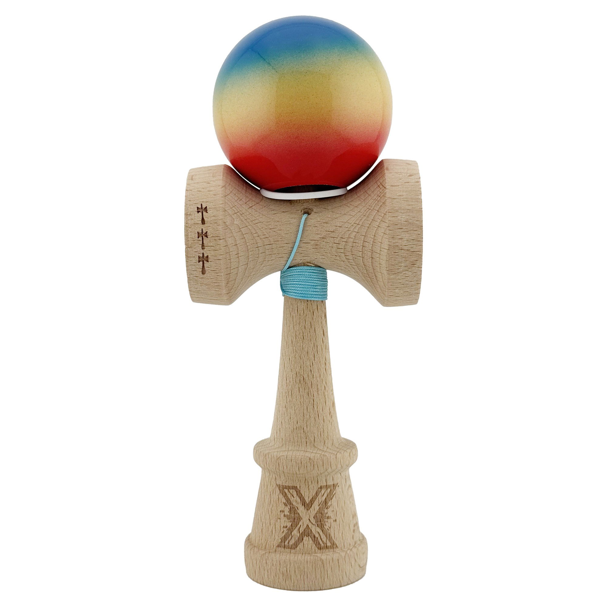Kendama Super Sticky V3 Cupe Mari - Kendama X Originala, Profesionala, Flippy, Super Sticky cu Cupe Mari KING SIZE V3, Gaura in Baza, Rulment Metalic, din lemn 18 cm, Ata 62/65 cm, Gradient Albastru/Galben/Rosu
