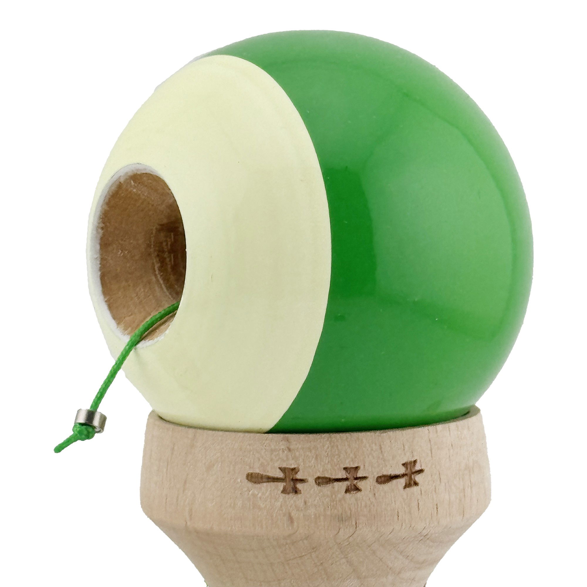 Kendama X Originala, Profesionala, Flippy, Super Sticky cu Cupe Mari KING SIZE V3, Gaura in Baza, Rulment Metalic, din lemn 18 cm, Ata 62/65 cm, Bicolor Verde/Alb [7]