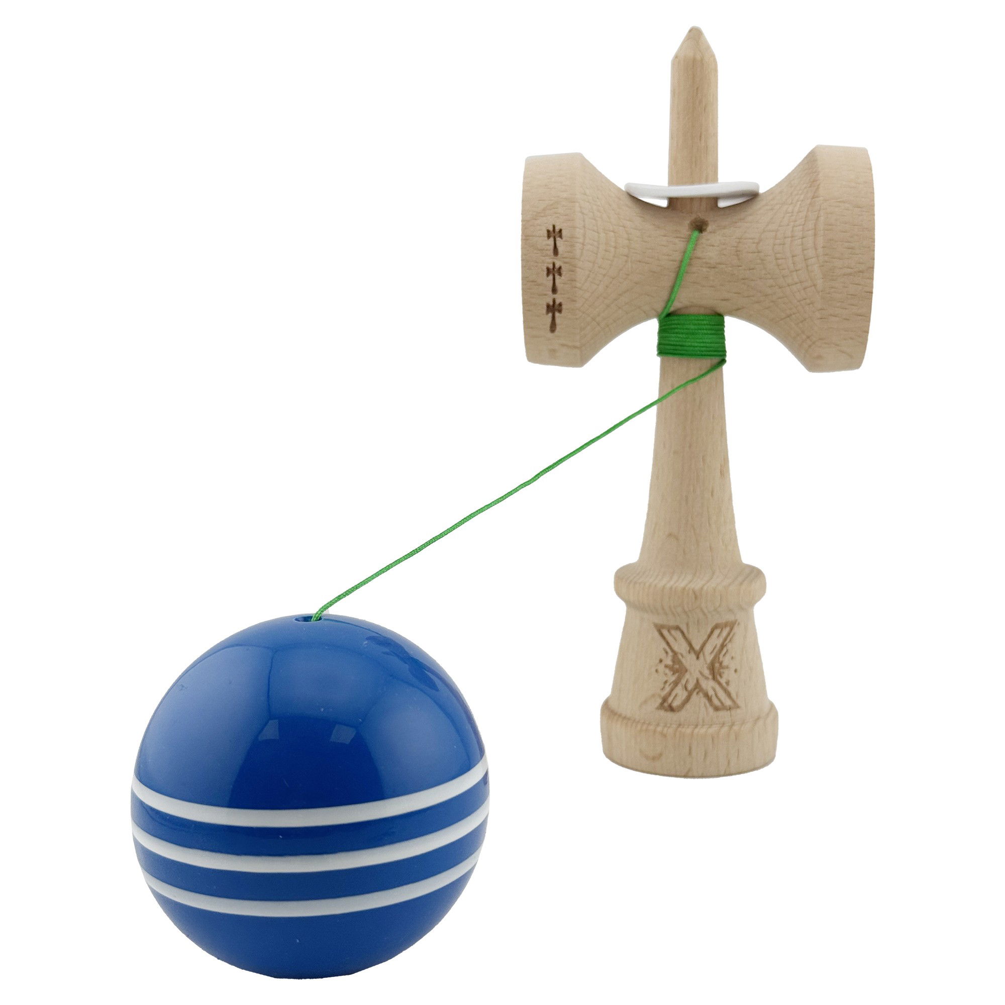 Kendama X Originala, Profesionala, Flippy, Super Sticky cu Cupe Mari KING SIZE V3, Gaura in Baza, Rulment Metalic, din lemn 18 cm, Ata 62/65 cm, Special Albastru/Alb [4]