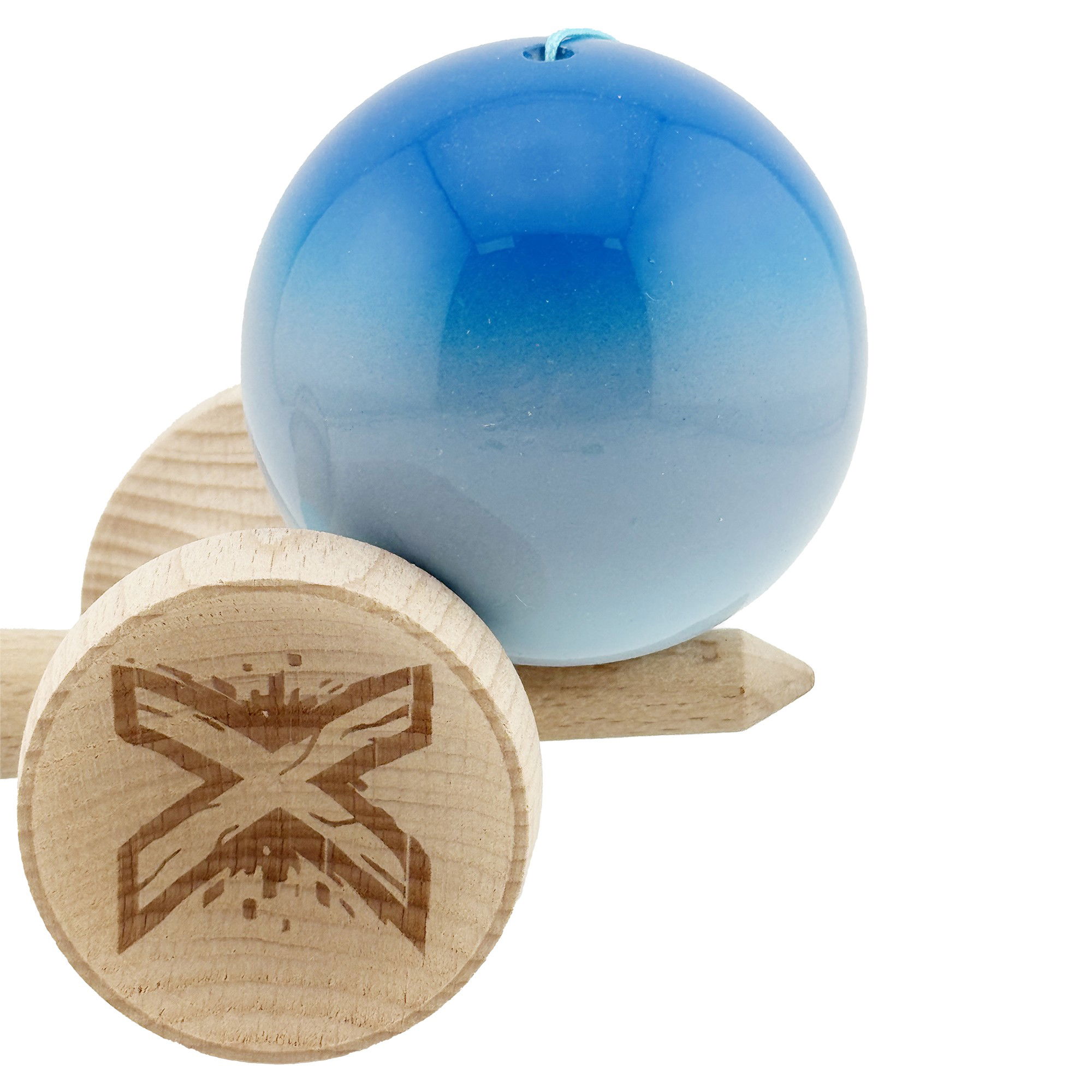 Kendama X Originala, Profesionala, Flippy, Super Sticky cu Cupe Mari KING SIZE V3, Gaura in Baza, Rulment Metalic, din lemn 18 cm, Ata 62/65 cm, Gradient Albastru/Gri/Bleu [8]