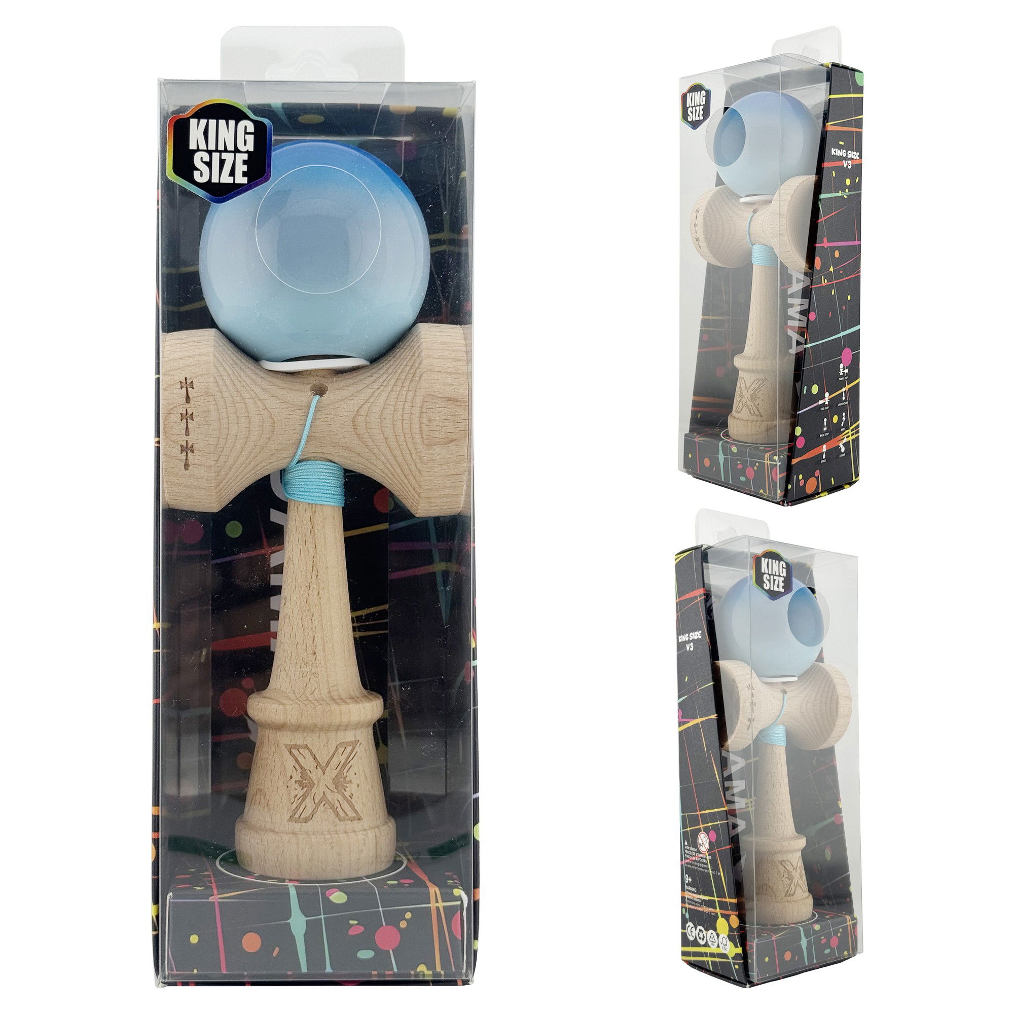 Kendama X Originala, Profesionala, Flippy, Super Sticky cu Cupe Mari KING SIZE V3, Gaura in Baza, Rulment Metalic, din lemn 18 cm, Ata 62/65 cm, Gradient Albastru/Gri/Bleu [6]