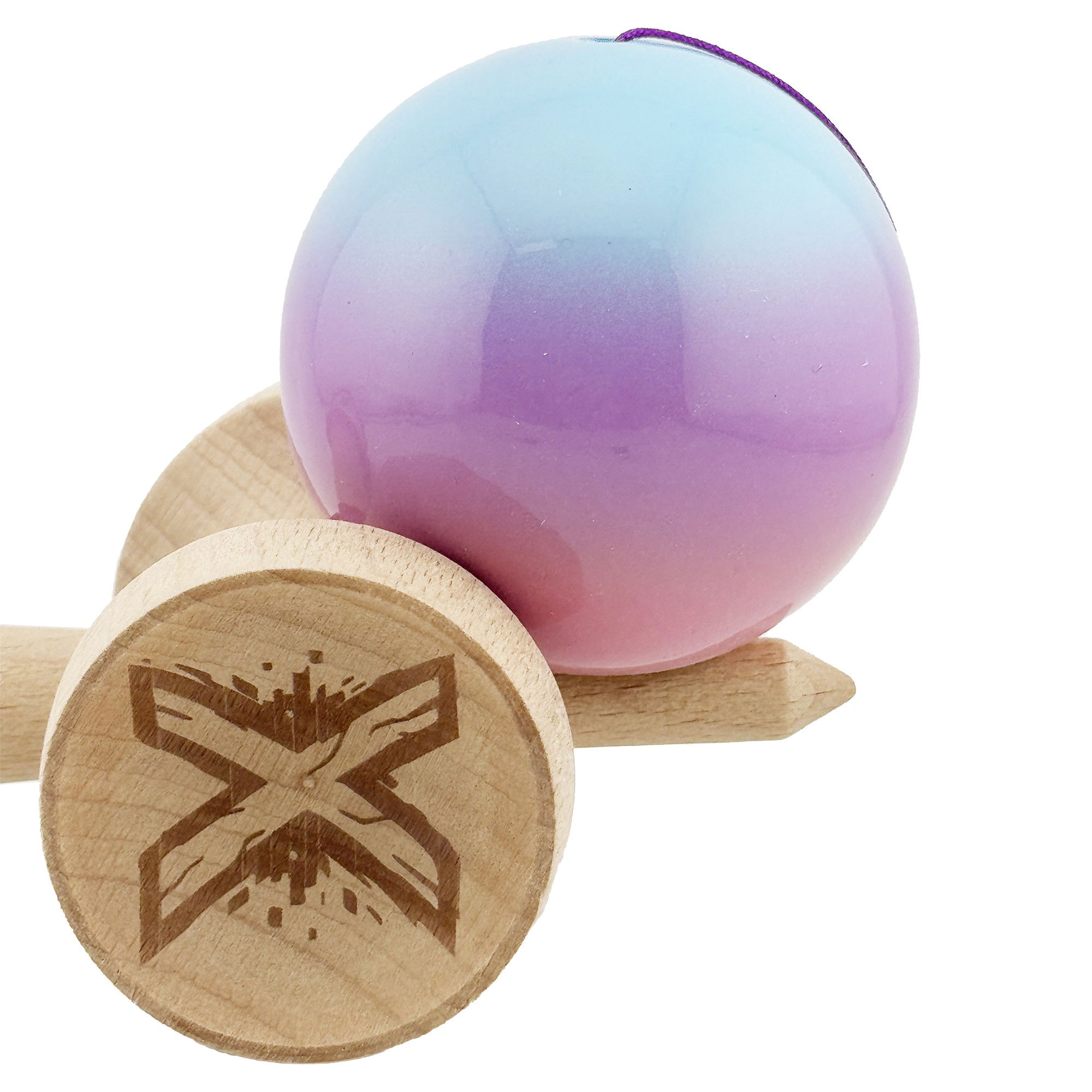 Kendama X Originala, Profesionala, Flippy, Super Sticky cu Cupe Mari KING SIZE V3, Gaura in Baza, Rulment Metalic, din lemn 18 cm, Ata 62/65 cm, Gradient Albastru/Mov/Roz [9]