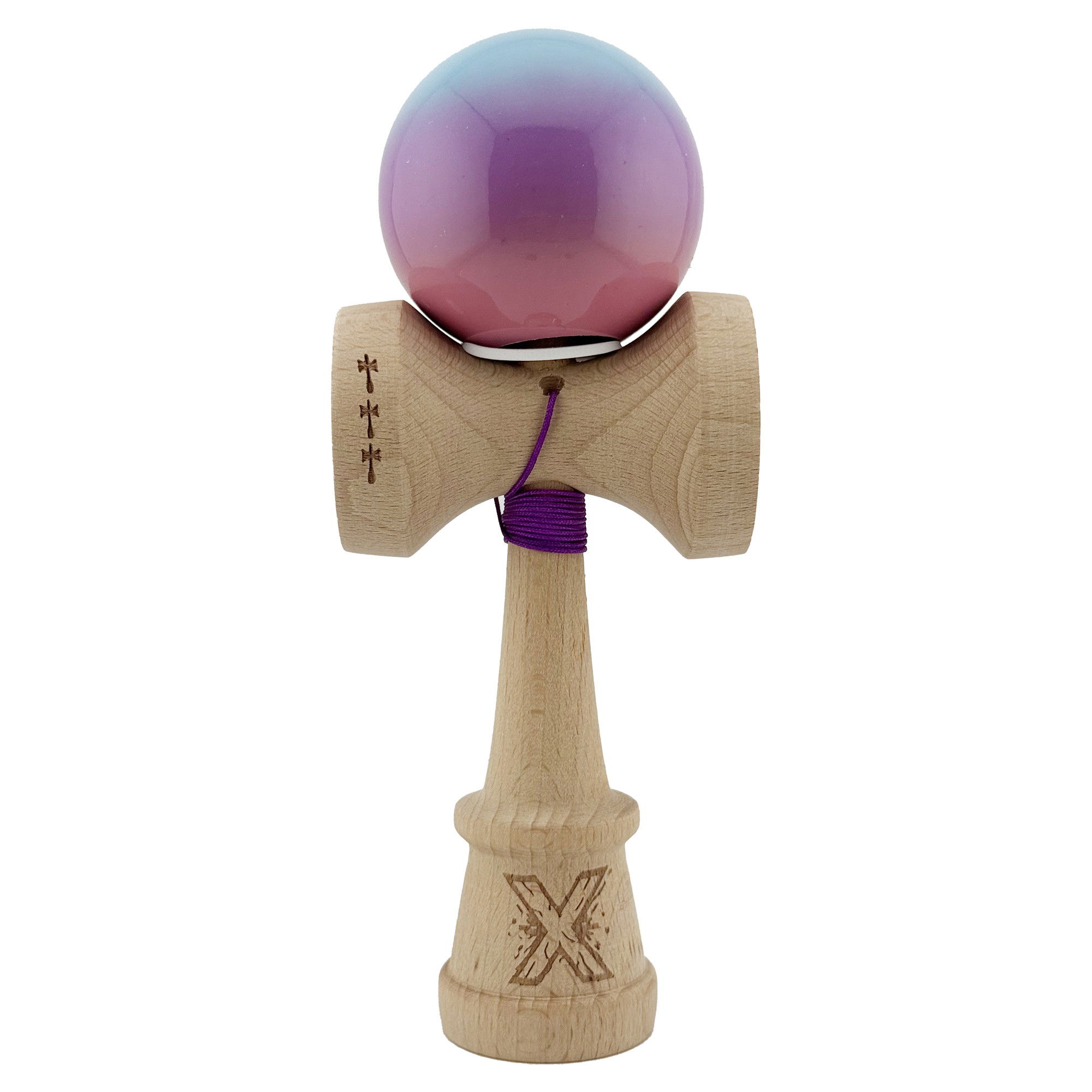 Kendama Super Sticky V3 Cupe Mari - Kendama X Originala, Profesionala, Flippy, Super Sticky cu Cupe Mari KING SIZE V3, Gaura in Baza, Rulment Metalic, din lemn 18 cm, Ata 62/65 cm, Gradient Albastru/Mov/Roz