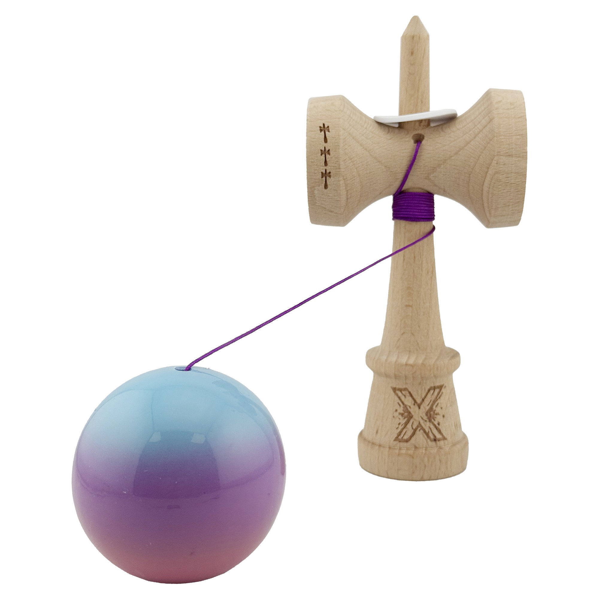 Kendama X Originala, Profesionala, Flippy, Super Sticky cu Cupe Mari KING SIZE V3, Gaura in Baza, Rulment Metalic, din lemn 18 cm, Ata 62/65 cm, Gradient Albastru/Mov/Roz [4]