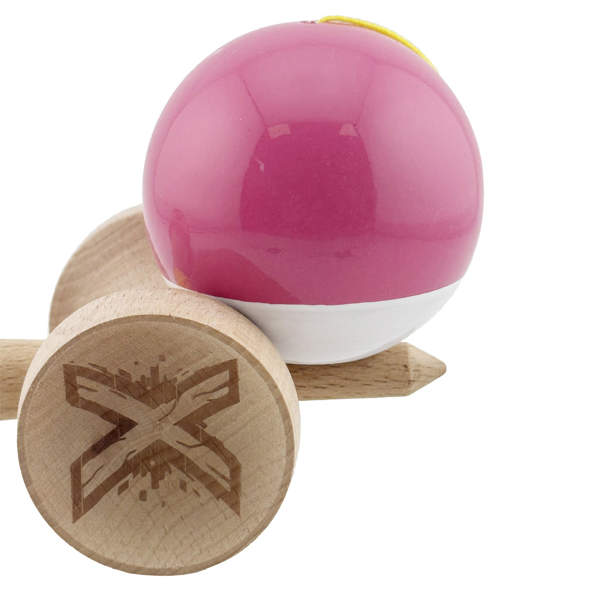 Kendama X Originala, Profesionala, Flippy, Super Sticky cu Cupe Mari KING SIZE V3, Gaura in Baza, Rulment Metalic, din lemn 18 cm, Ata 62/65 cm, Bicolor Roz inchis/Alb [9]