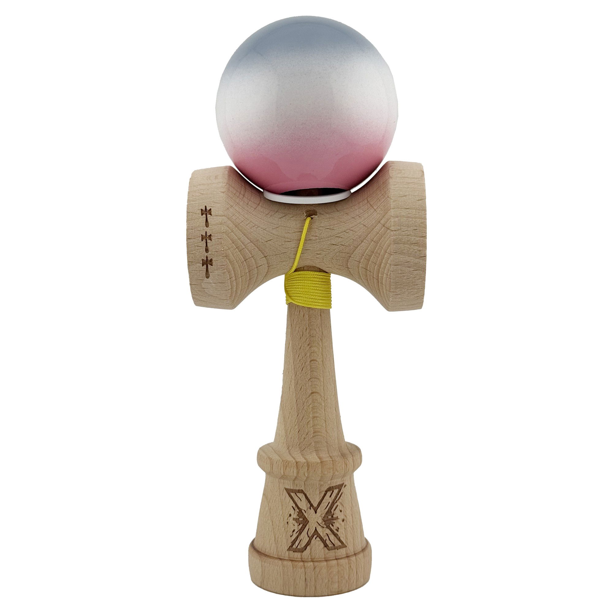 Kendama Super Sticky V3 Cupe Mari - Kendama X Originala, Profesionala, Flippy, Super Sticky cu Cupe Mari KING SIZE V3, Gaura in Baza, Rulment Metalic, din lemn 18 cm, Ata 62/65 cm, Gradient Gri/Alb/Roz