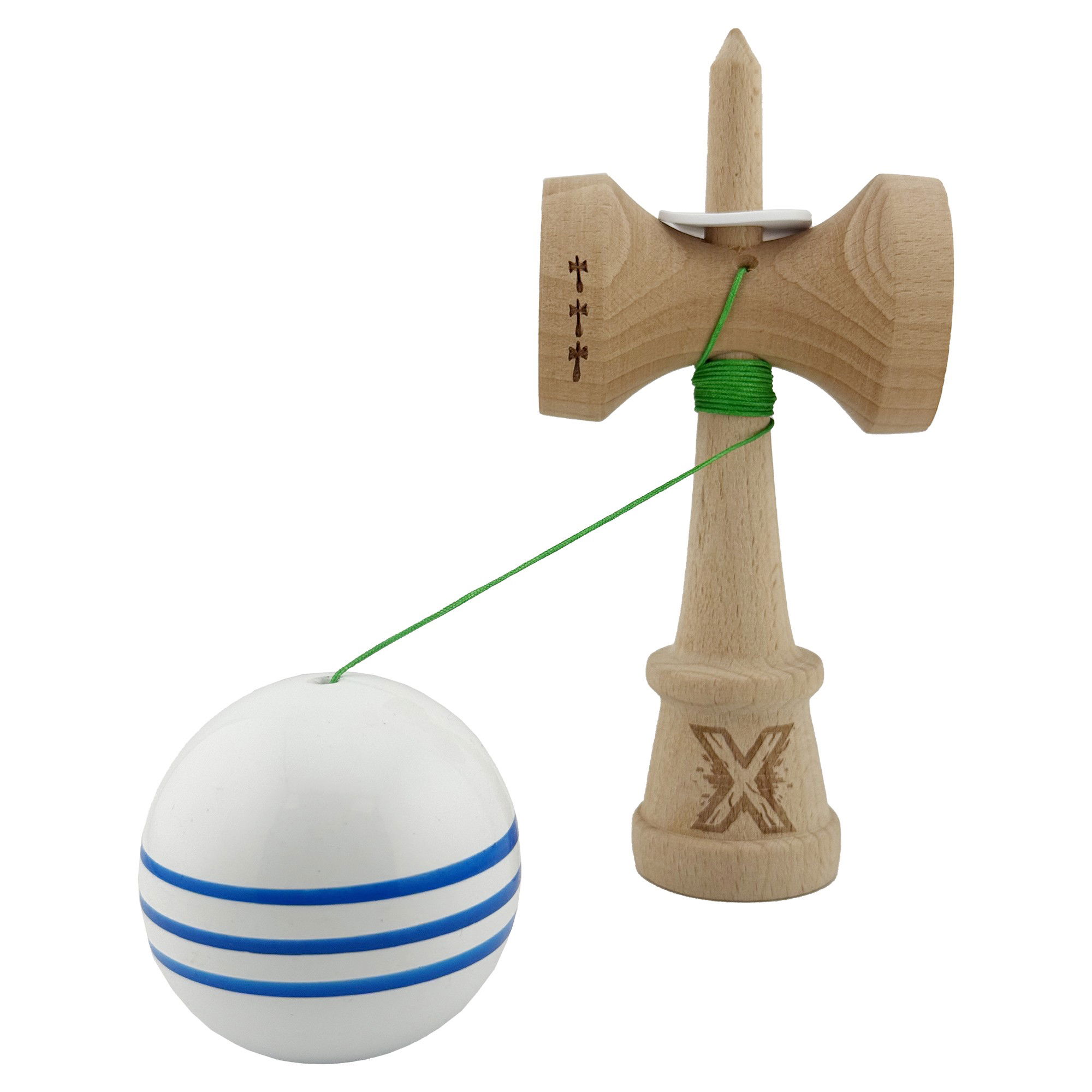 Kendama X Originala, Profesionala, Flippy, Super Sticky cu Cupe Mari KING SIZE V3, Gaura in Baza, Rulment Metalic, din lemn 18 cm, Ata 62/65 cm, Special Alb/Albastru [4]
