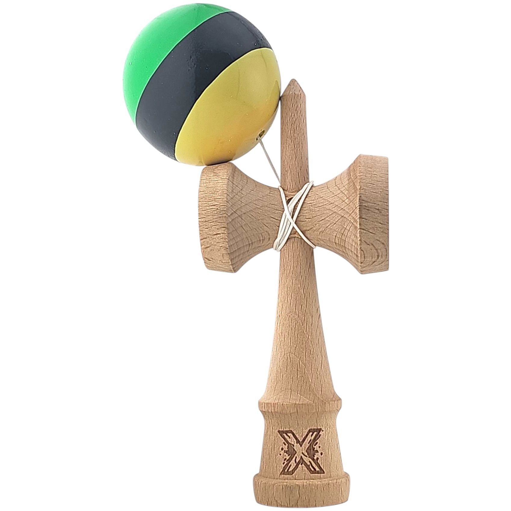 Kendama X Originala, Profesionala, Flippy, Super Sticky din Lemn, 18 cm, Galben/Negru/Verde [3]