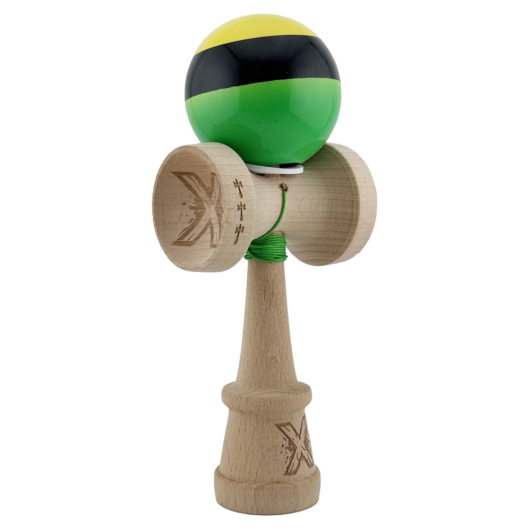 Kendama Super Sticky V3 Cupe Mari - Kendama X Originala, Profesionala, Flippy, Super Sticky cu Cupe Mari KING SIZE V3, Gaura in Baza, Rulment Metalic, din lemn 18 cm, Ata 62/65 cm, Galben/Negru/Verde