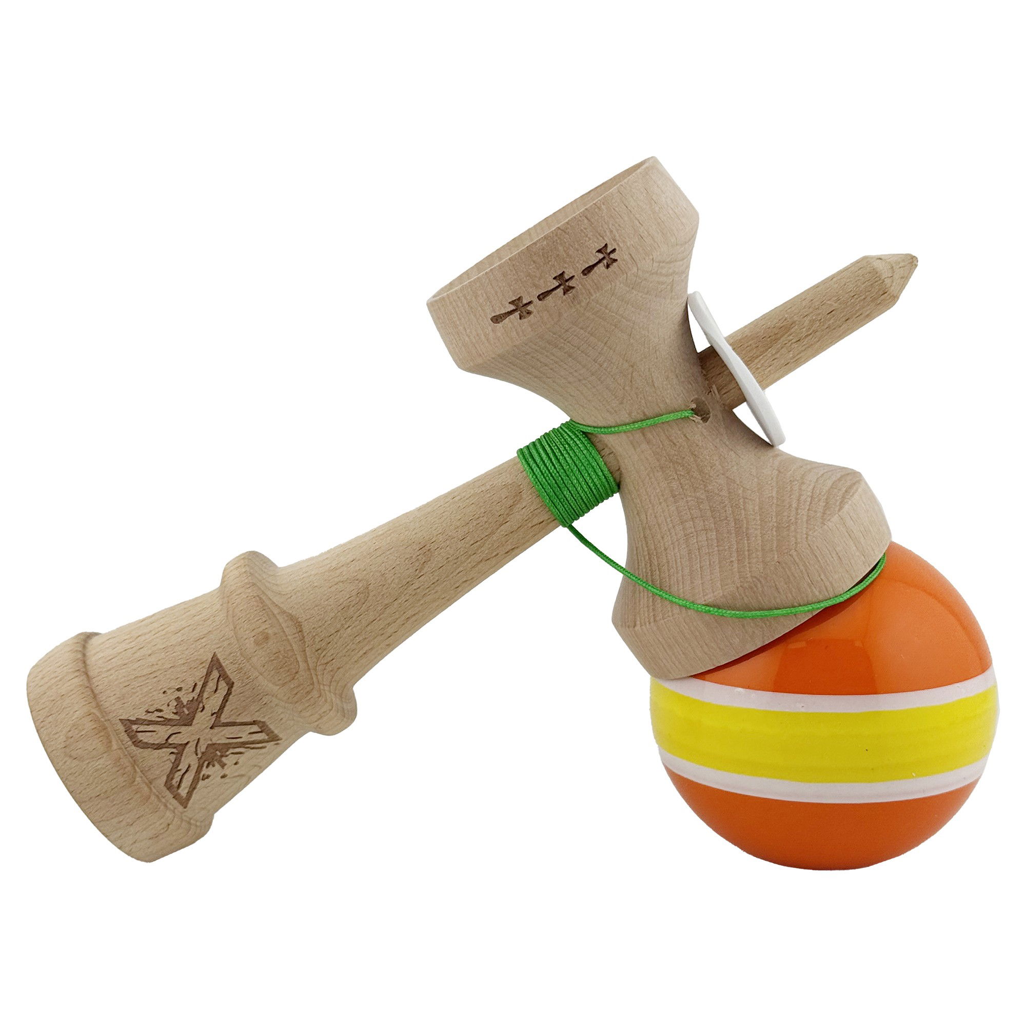 Kendama X Originala, Profesionala, Flippy, Super Sticky cu Cupe Mari KING SIZE V3, Gaura in Baza, Rulment Metalic, din lemn 18 cm, Ata 62/65 cm, Special Portocaliu/Galben [5]
